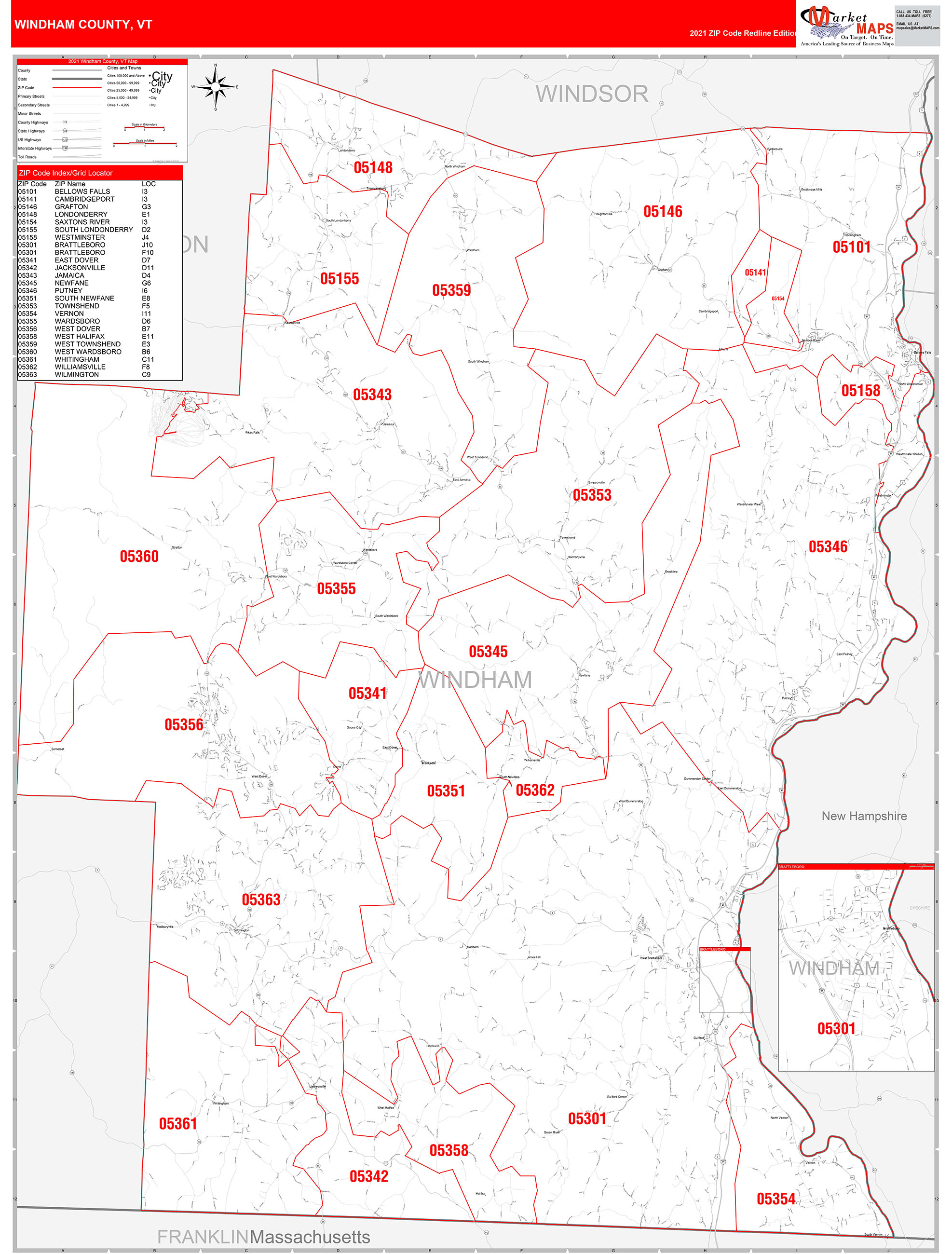 Windham County, VT Zip Code Wall Map Red Line Style by MarketMAPS