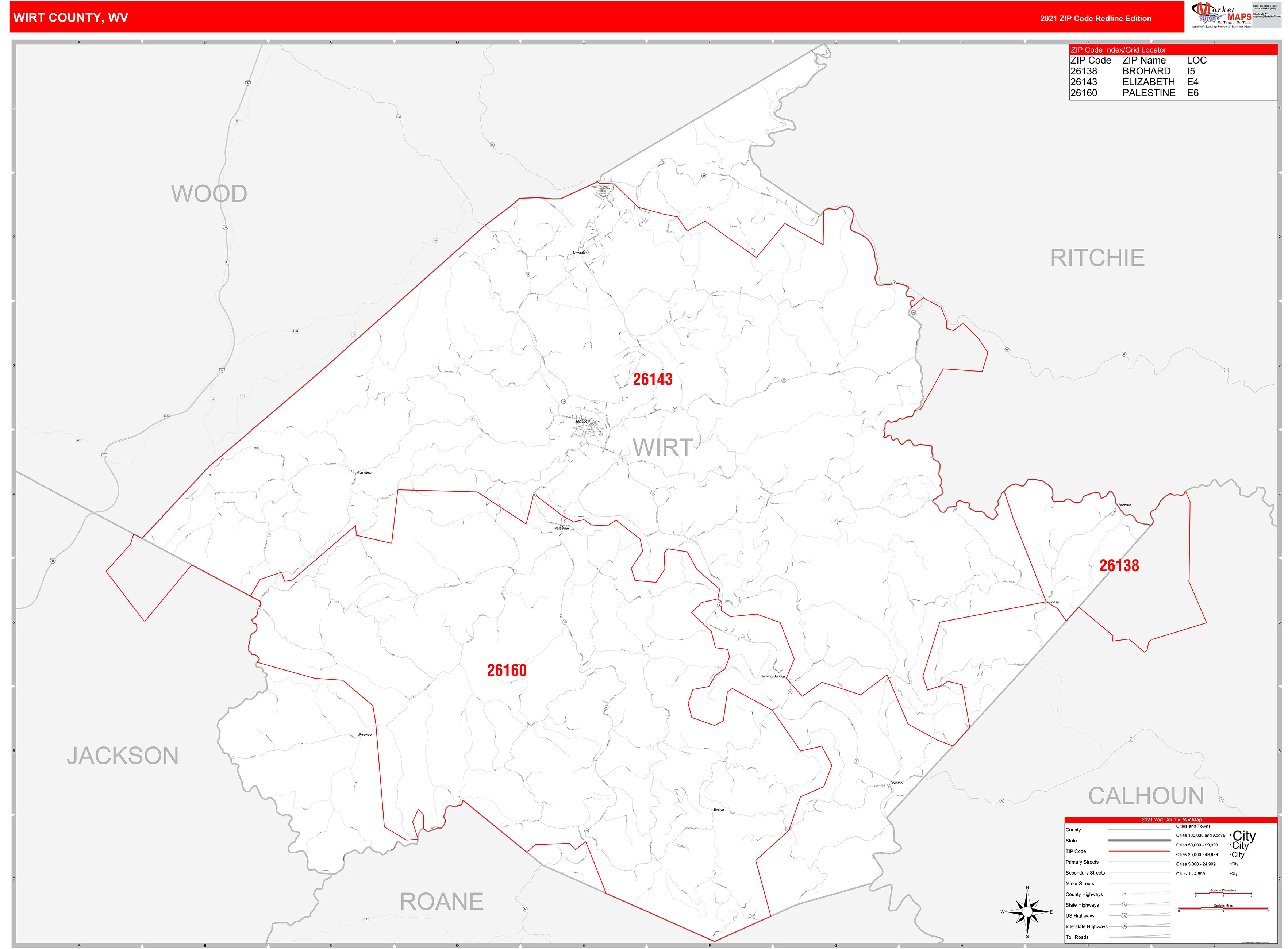 Wirt County, WV Zip Code Wall Map Red Line Style by MarketMAPS MapSales