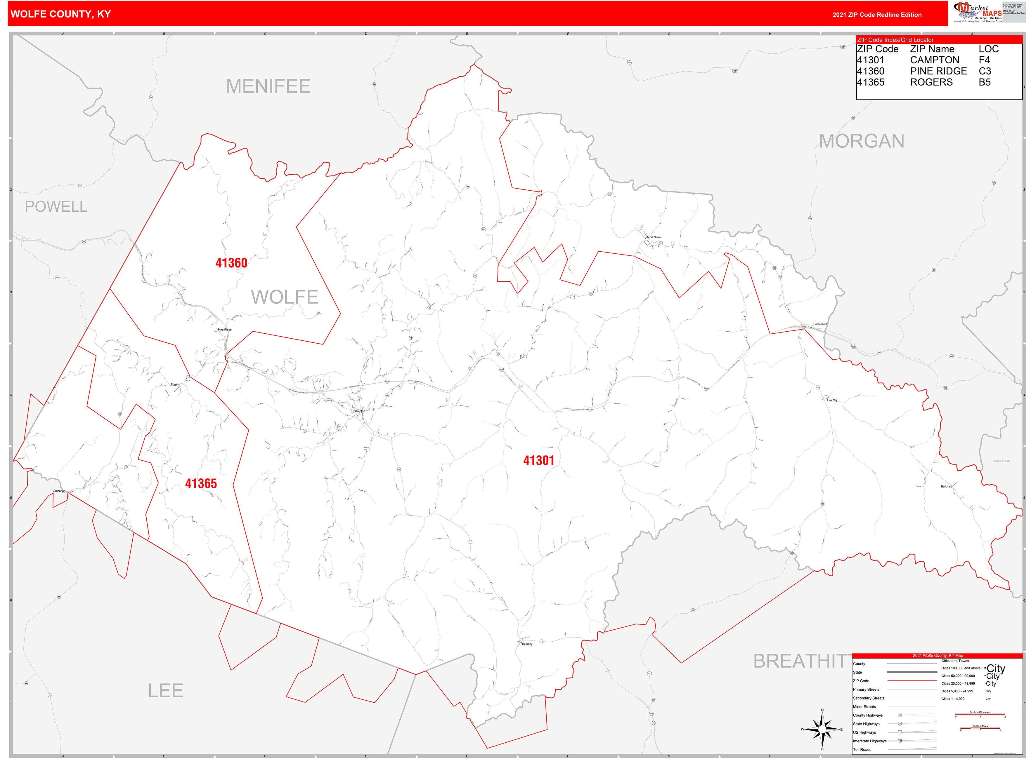 Wolfe County, KY Zip Code Wall Map Red Line Style by MarketMAPS