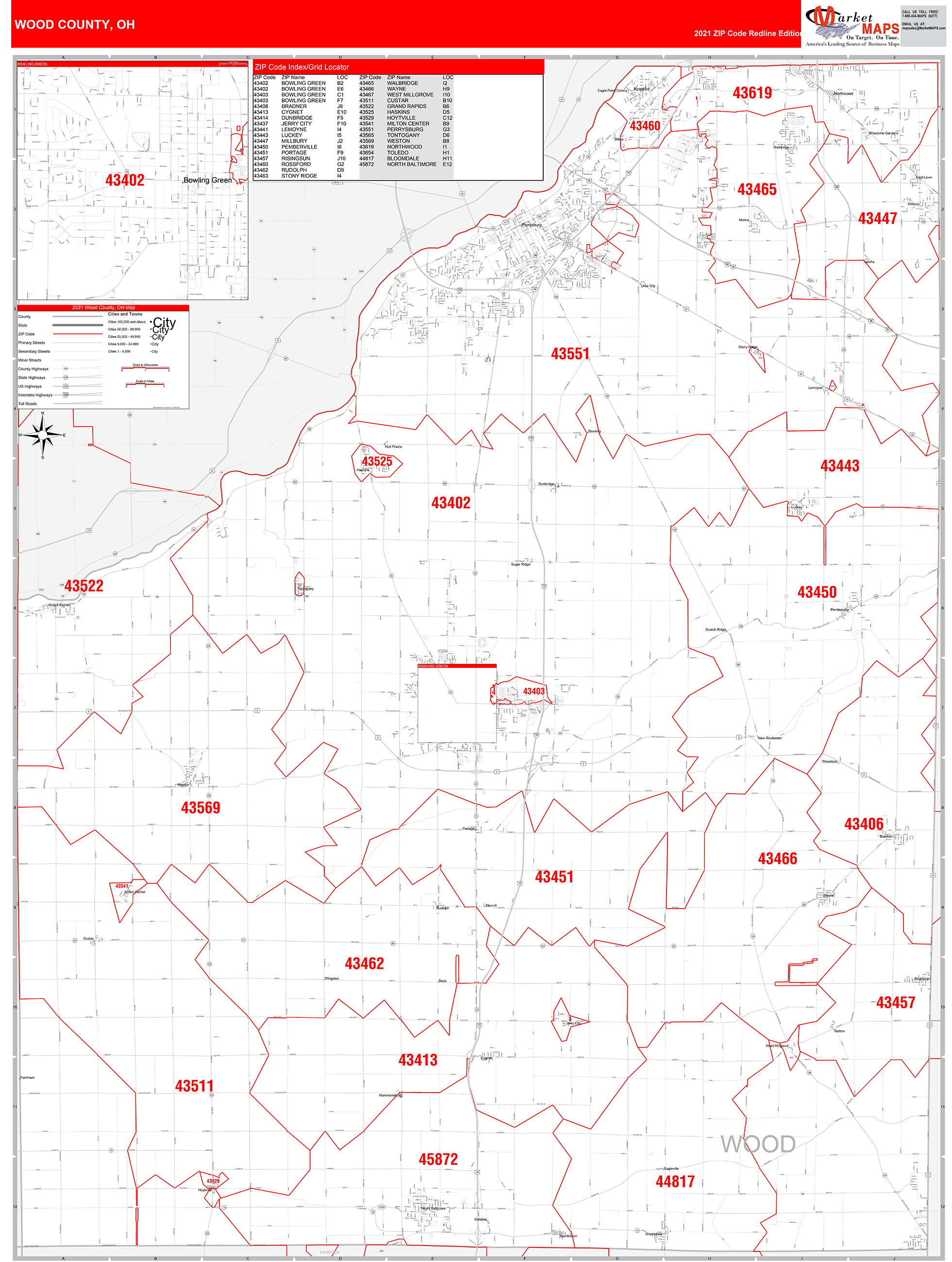 Wood County OH Zip Code Wall Map Red Line Style by MarketMAPS MapSales