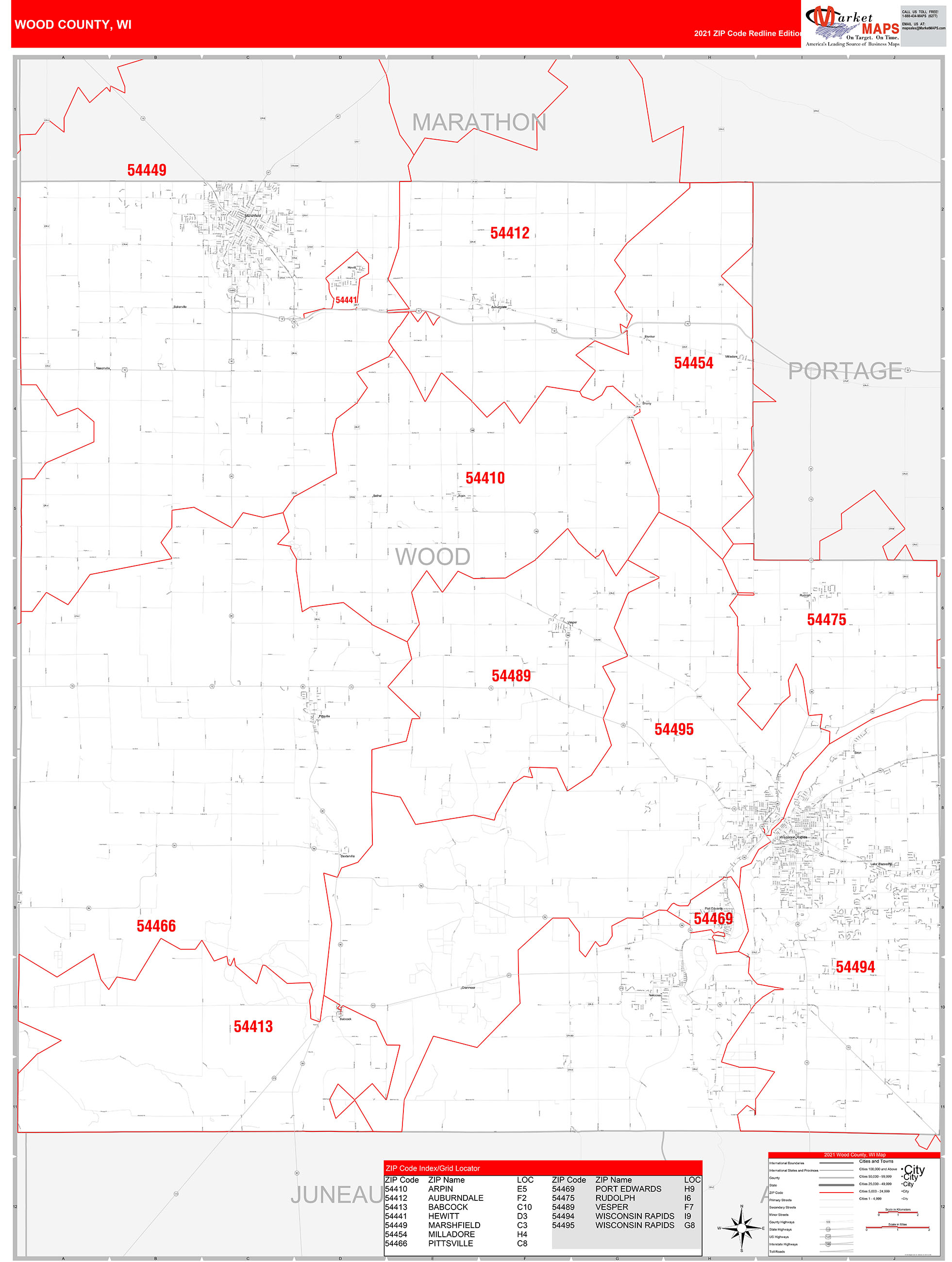 Wood County, WI Zip Code Wall Map Red Line Style by MarketMAPS