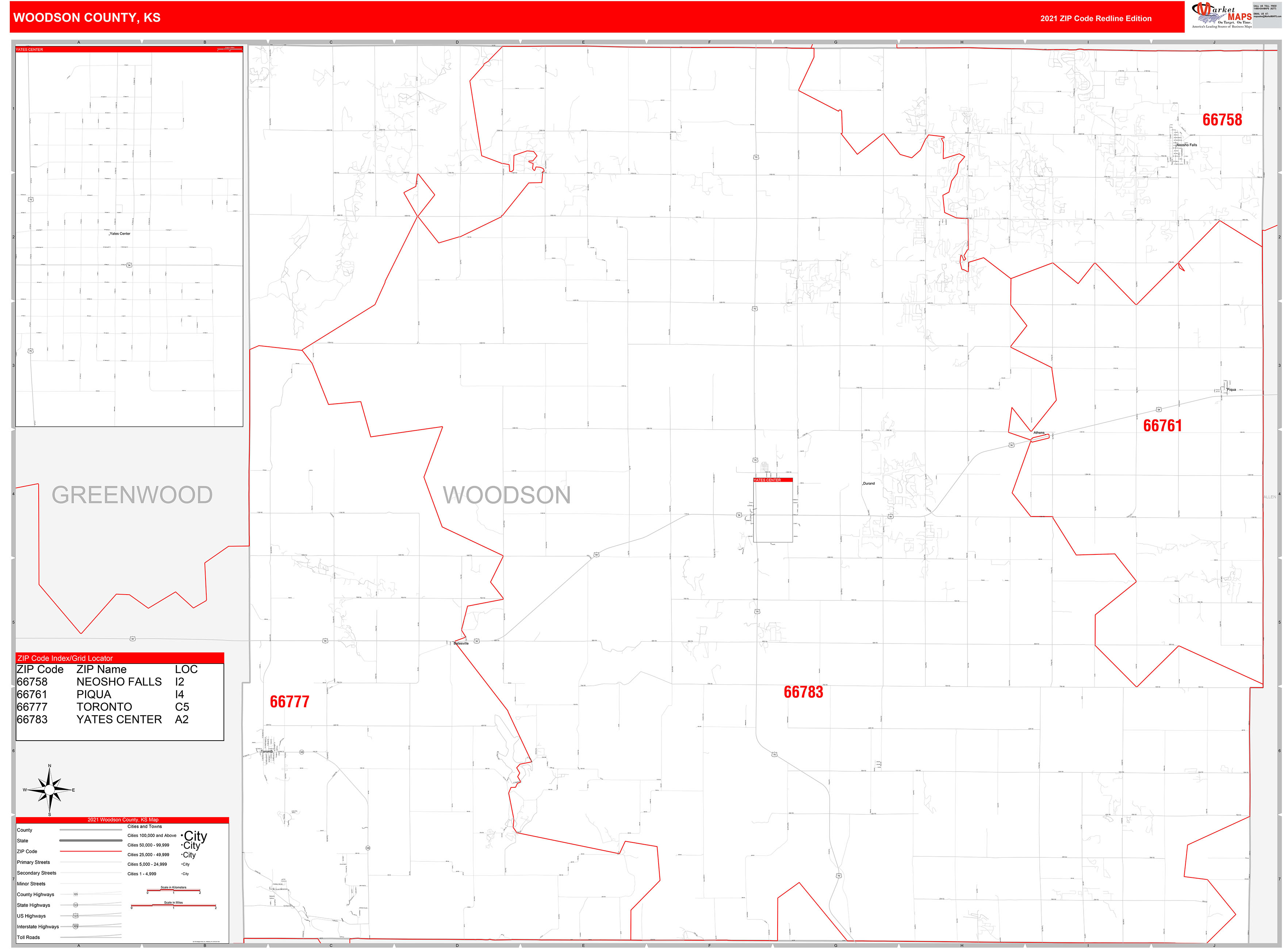 Woodson County, KS Zip Code Wall Map Red Line Style by MarketMAPS