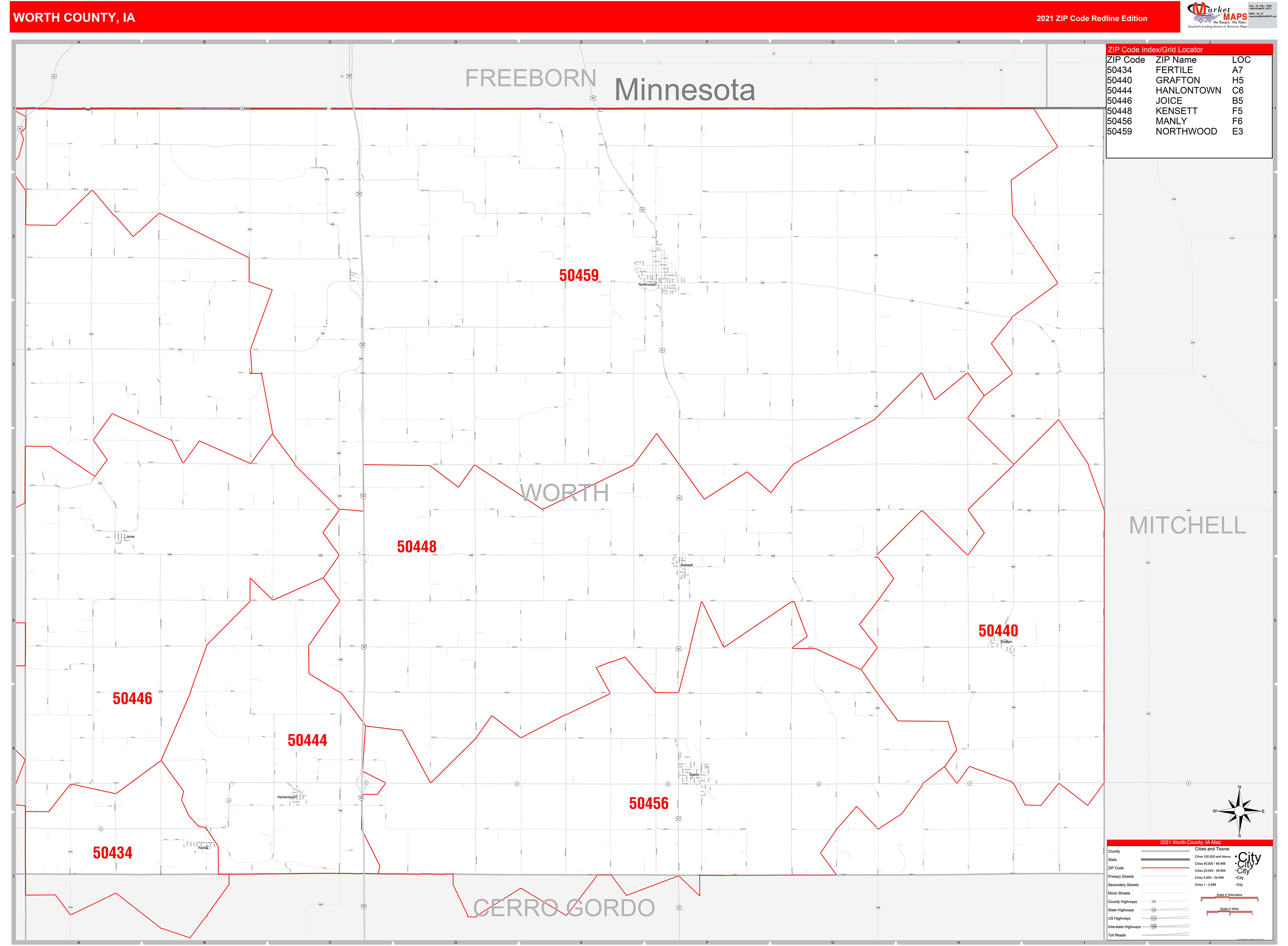 Worth County, IA Zip Code Wall Map Red Line Style by MarketMAPS