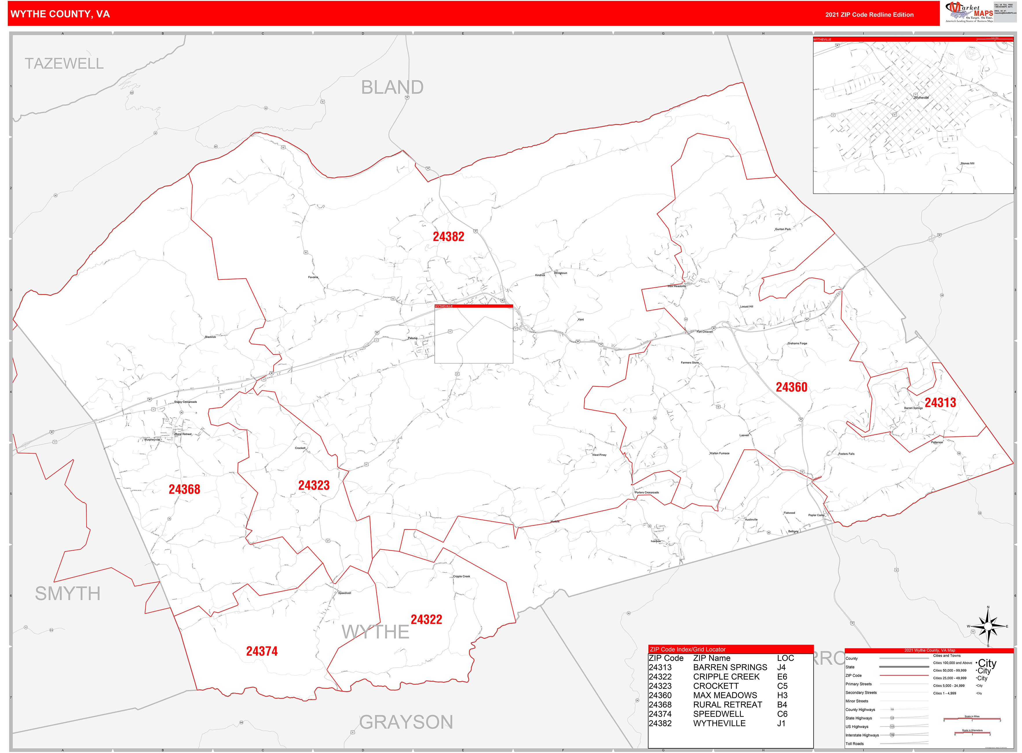Wythe County Va Zip Code Wall Map Red Line Style By Marketmaps 0951