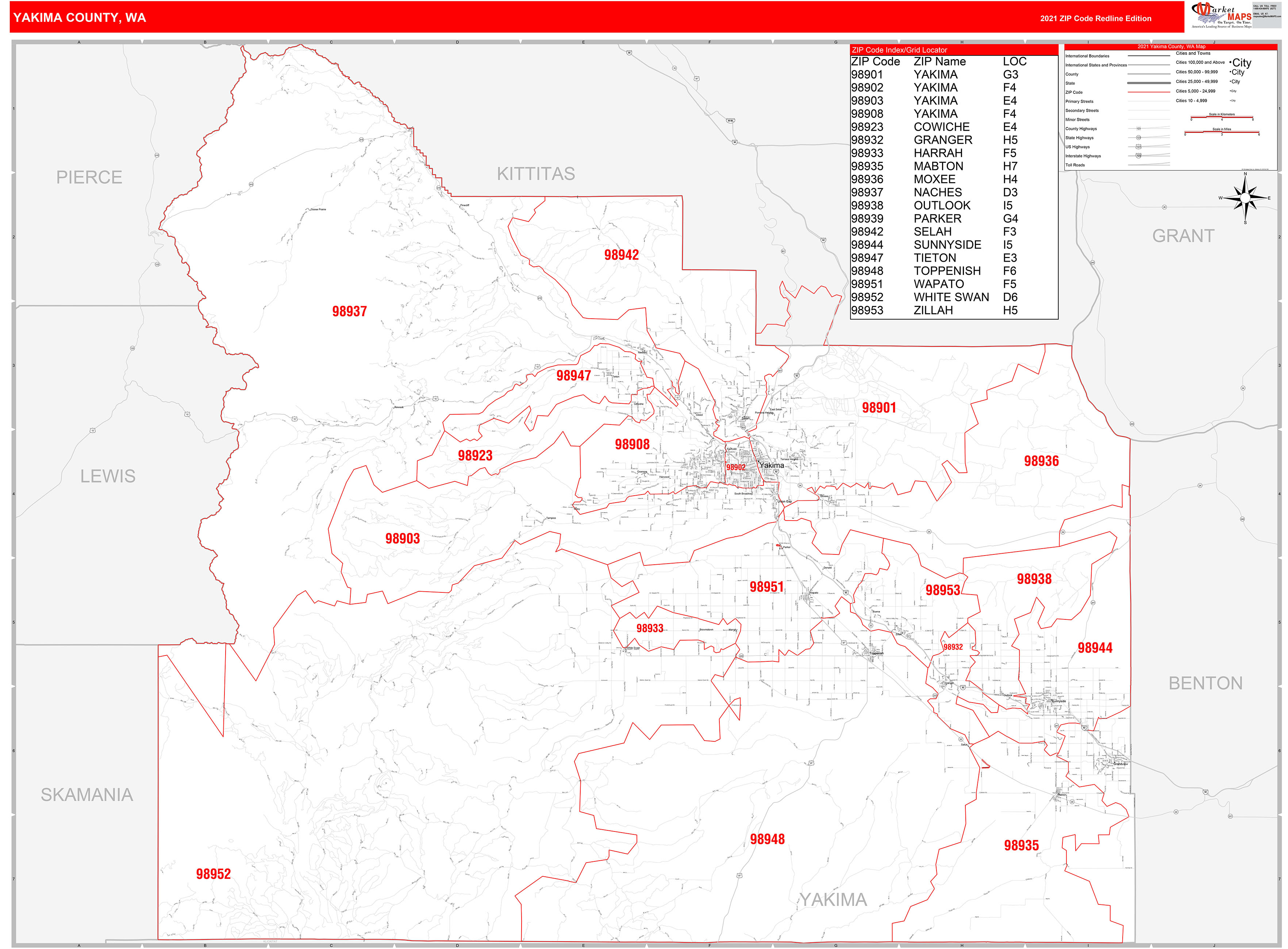  Yakima  County  WA Zip Code Wall Map  Red Line Style by 