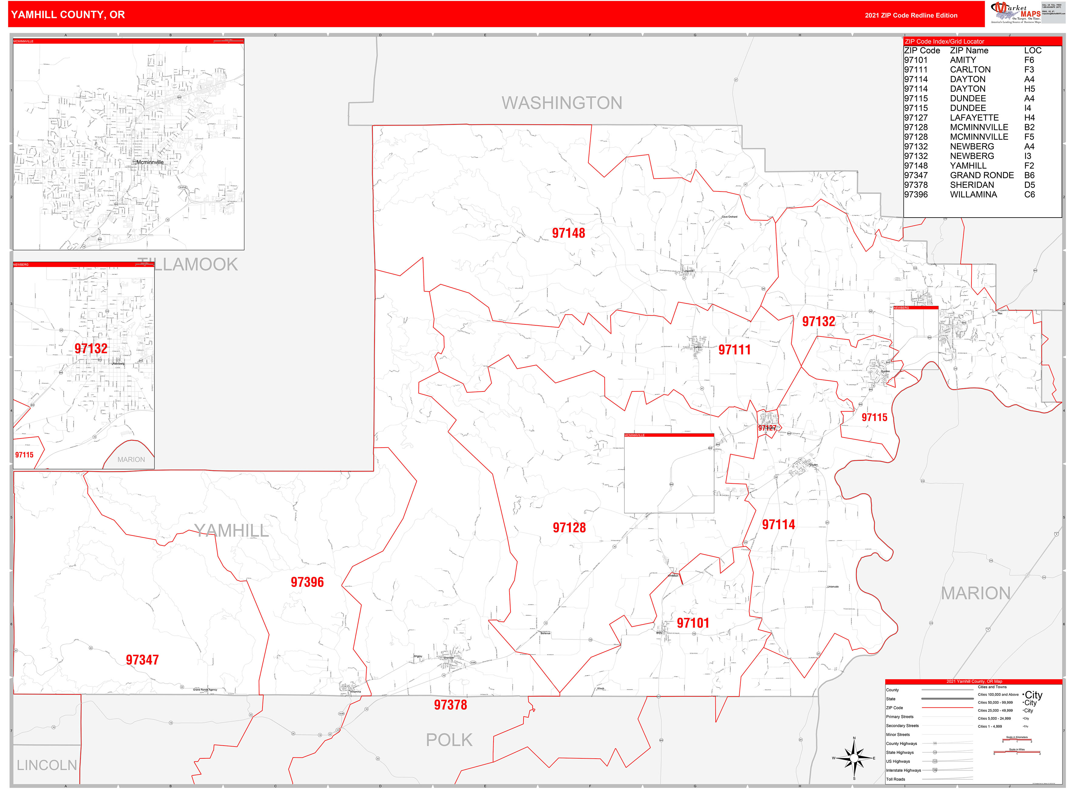 Yamhill County, OR Zip Code Wall Map Red Line Style by MarketMAPS