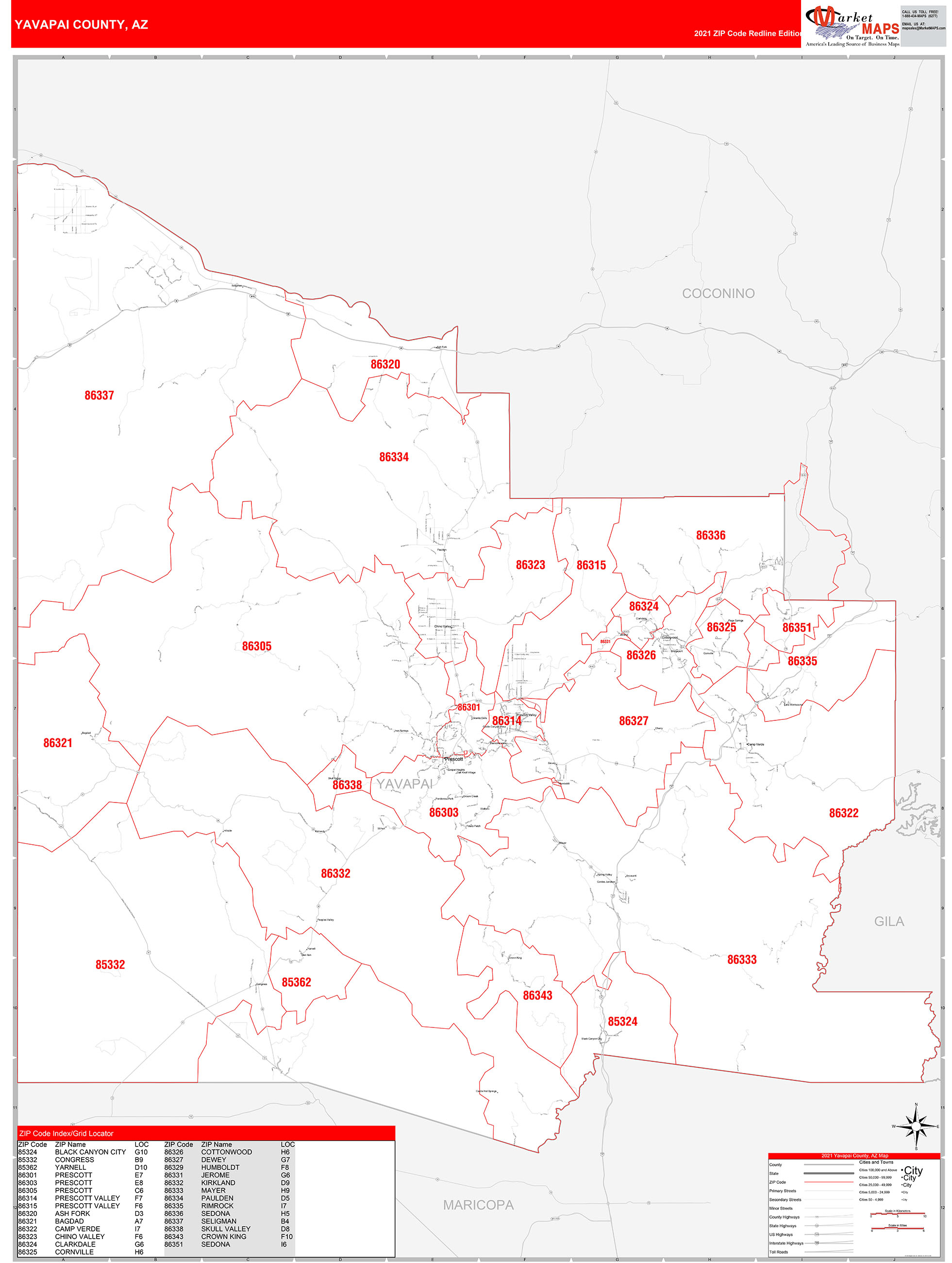 Yavapai County Az Zip Code Wall Map Red Line Style By Marketmaps Mapsales 7281