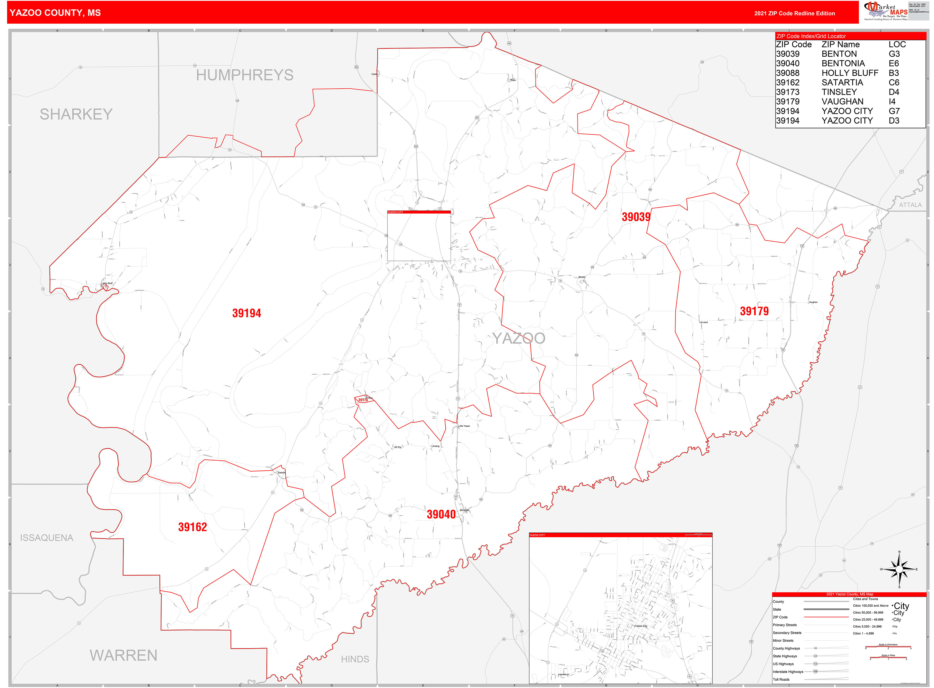 Yazoo County, MS Zip Code Wall Map Red Line Style by MarketMAPS - MapSales