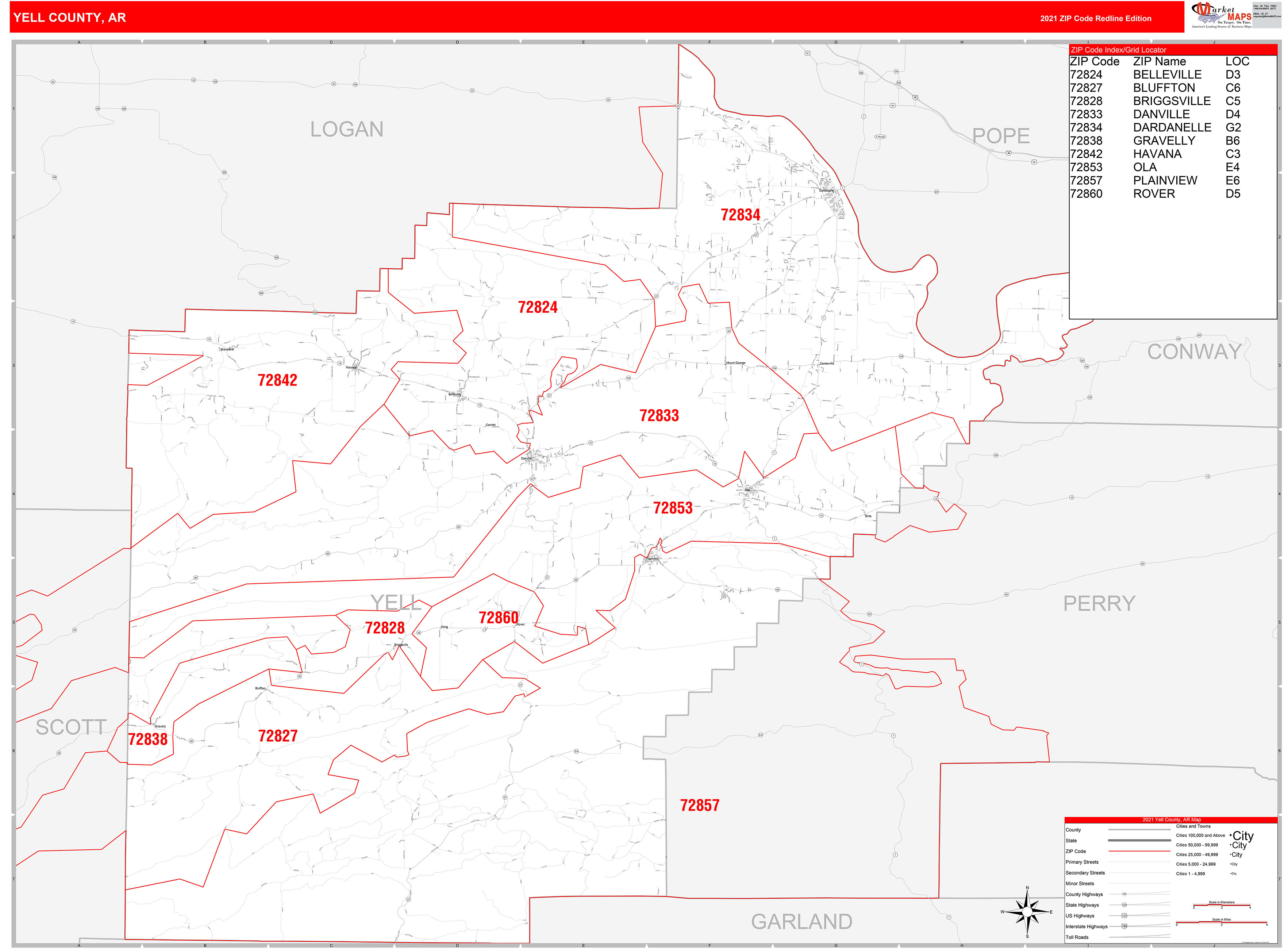 Yell County, AR Zip Code Wall Map Red Line Style by MarketMAPS