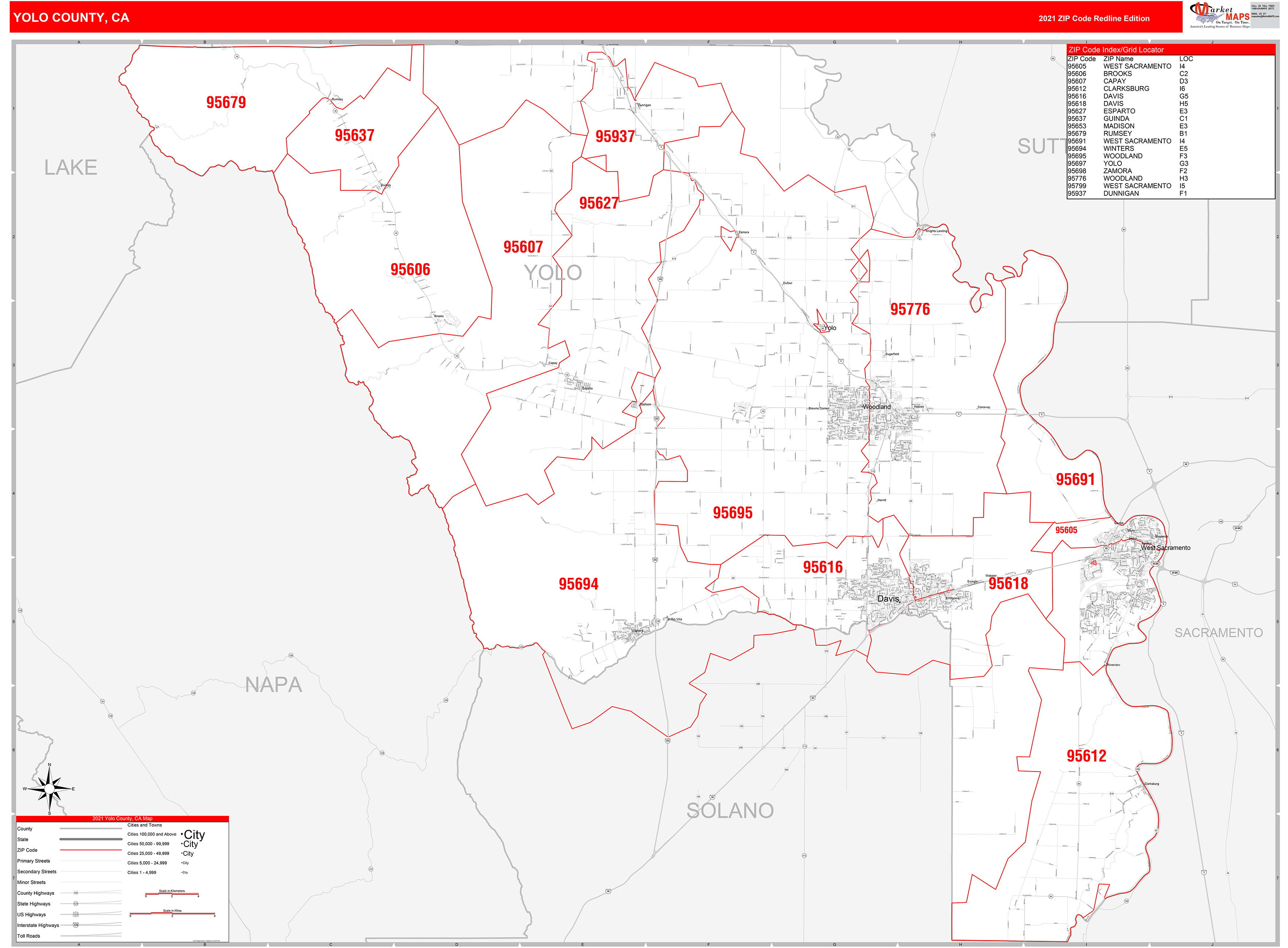Yolo County, CA Zip Code Wall Map Red Line Style by MarketMAPS MapSales