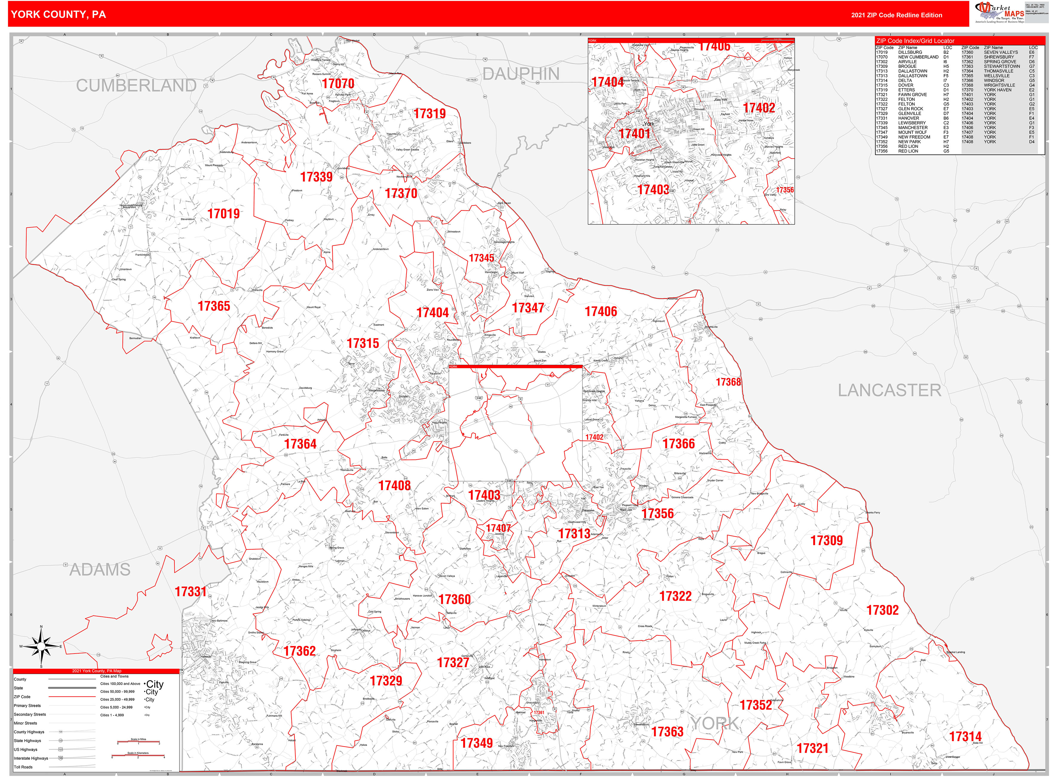 York County, PA Zip Code Wall Map Red Line Style by MarketMAPS - MapSales