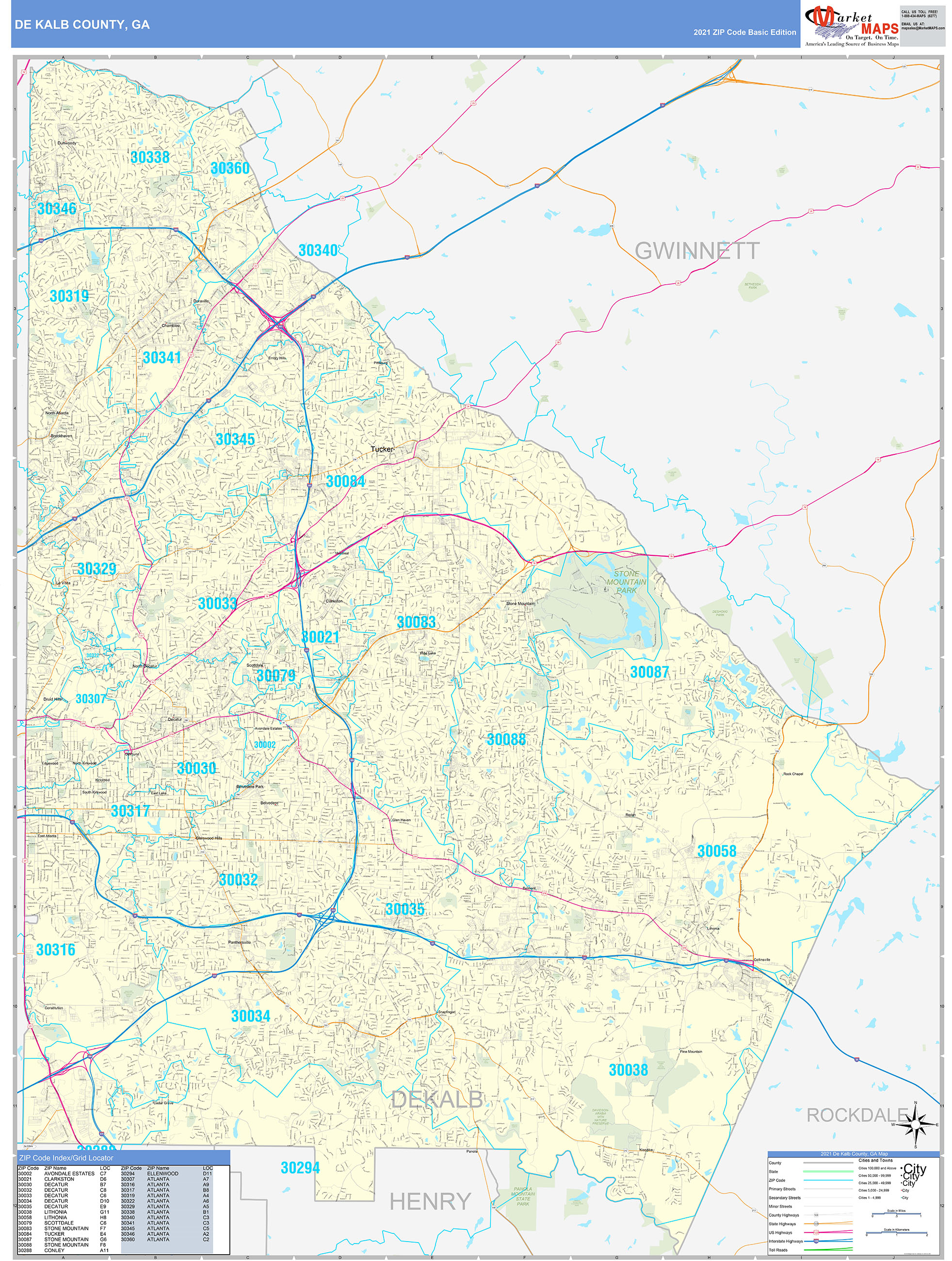 DeKalb County, GA Zip Code Wall Map Basic Style by MarketMAPS - MapSales