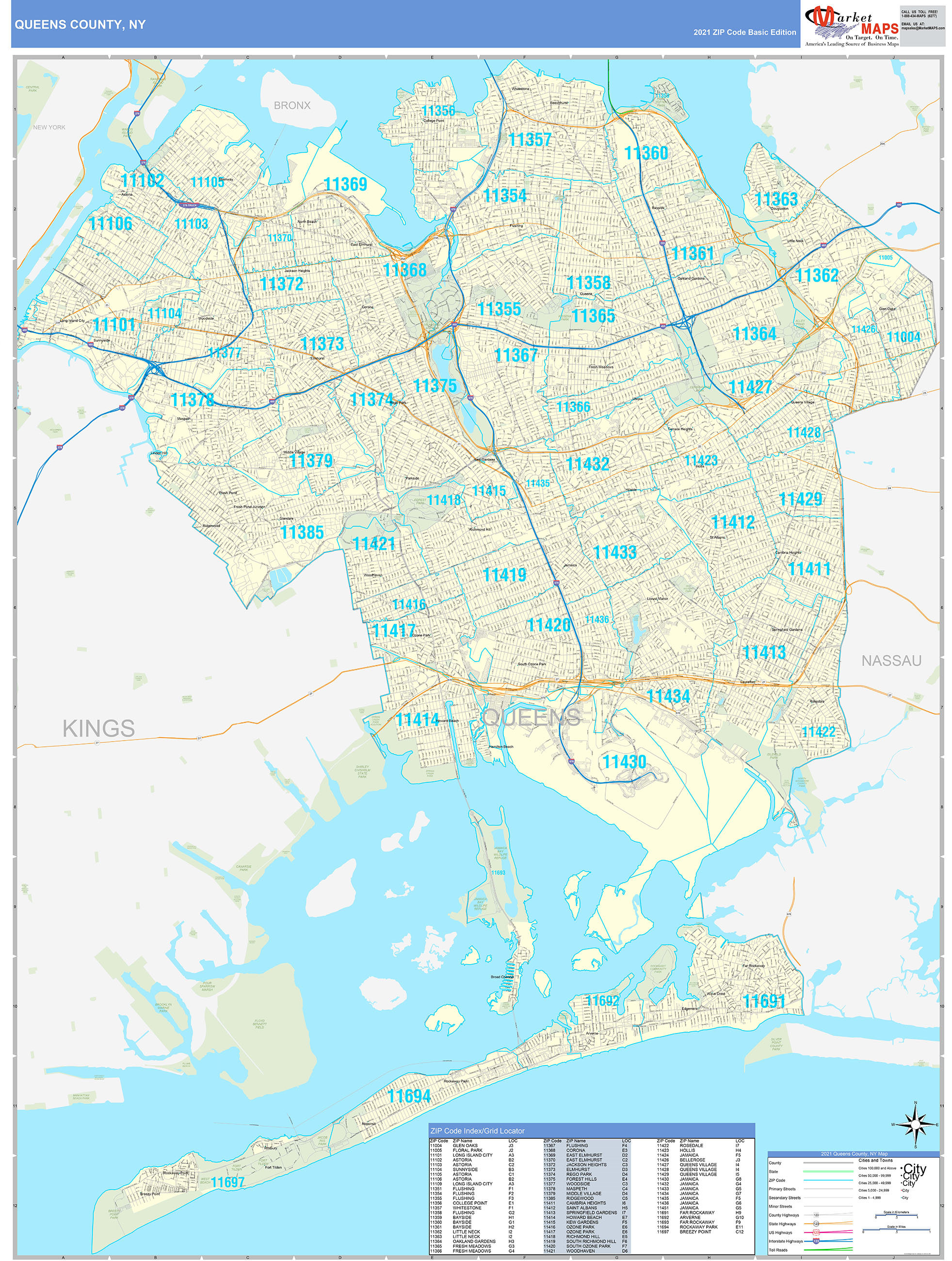 queens-county-ny-zip-code-wall-map-basic-style-by-marketmaps-mapsales