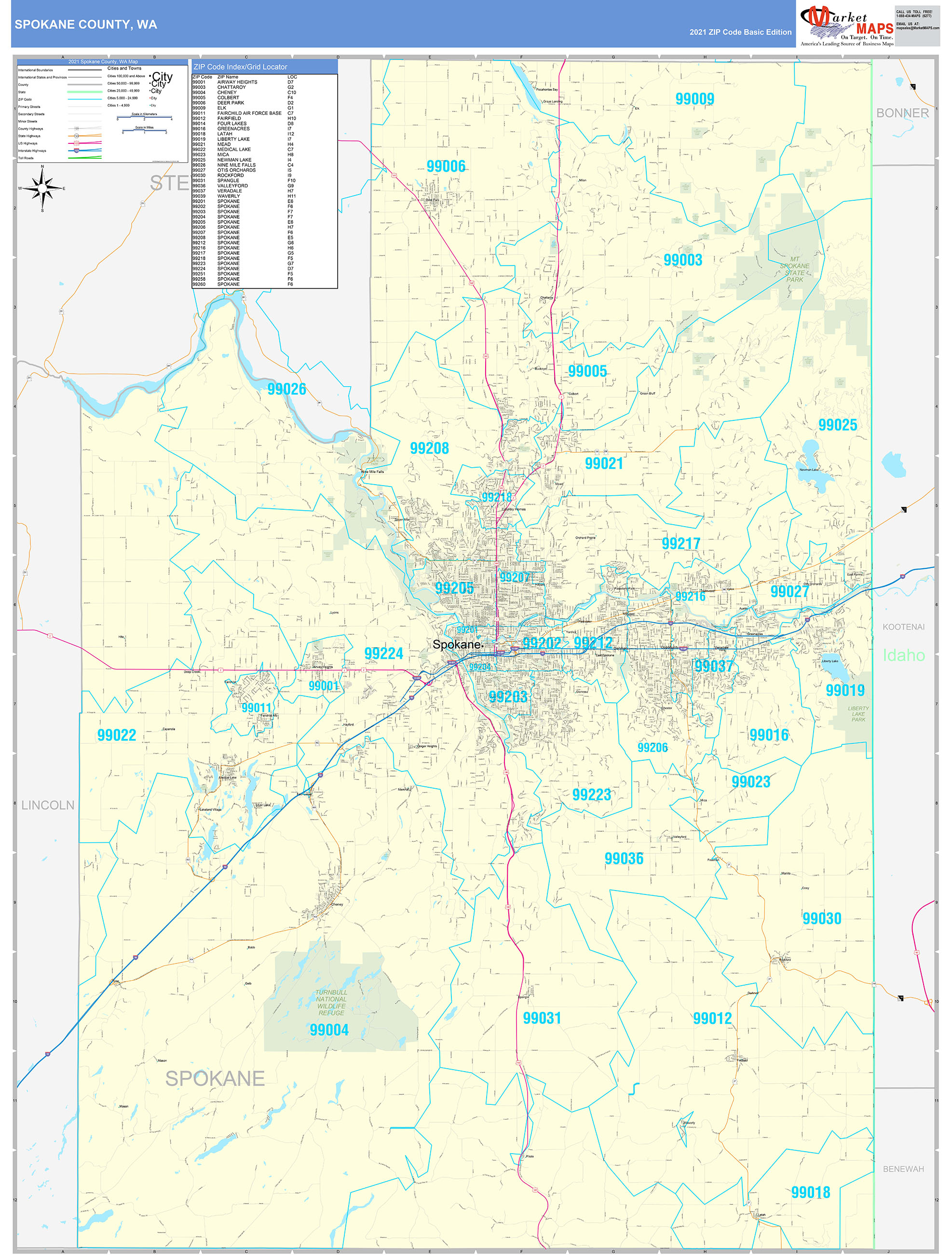 Spokane County, WA Zip Code Wall Map Basic Style by MarketMAPS MapSales