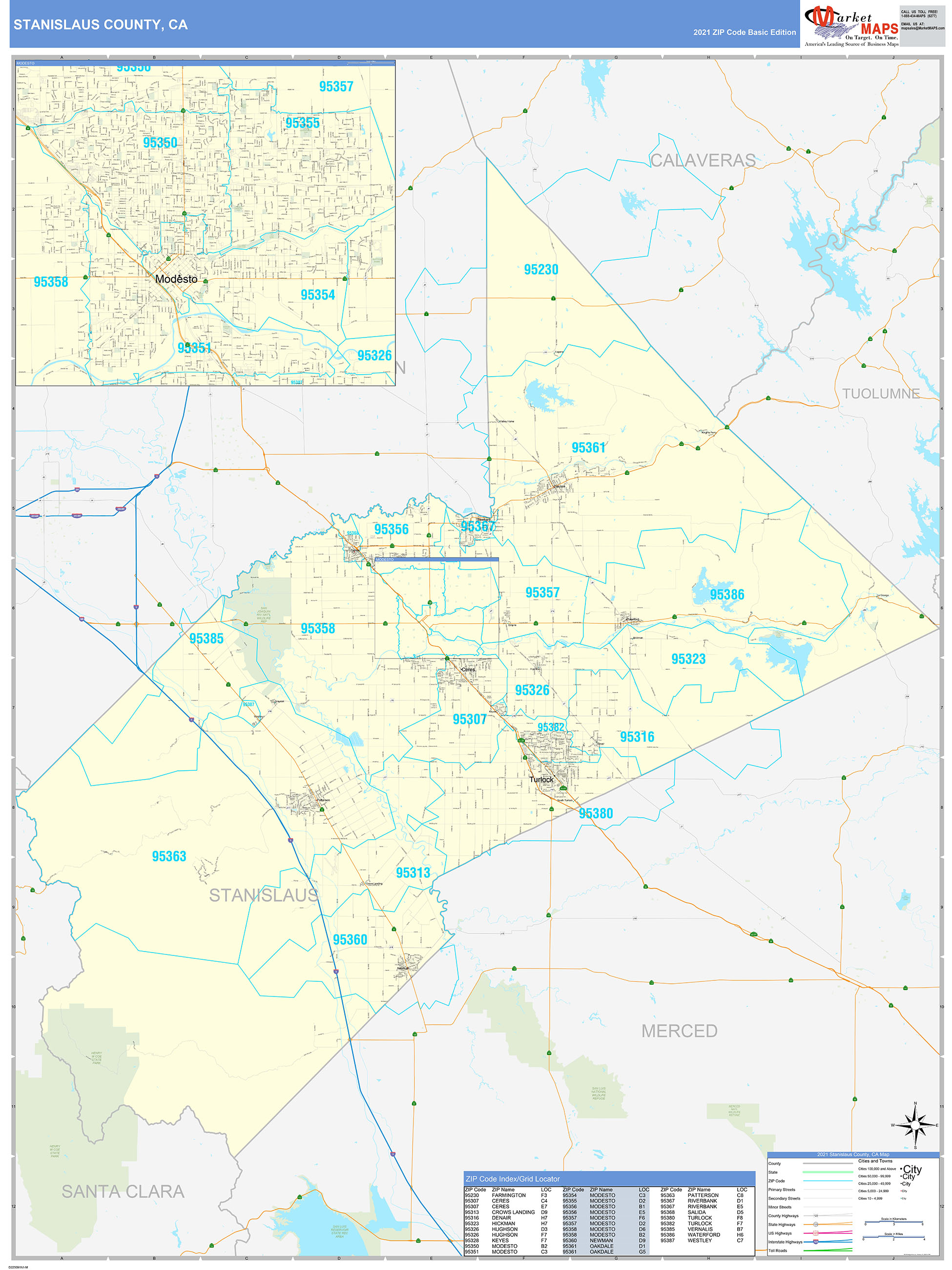 Stanislaus County CA Zip Code Wall Map Basic Style by MarketMAPS