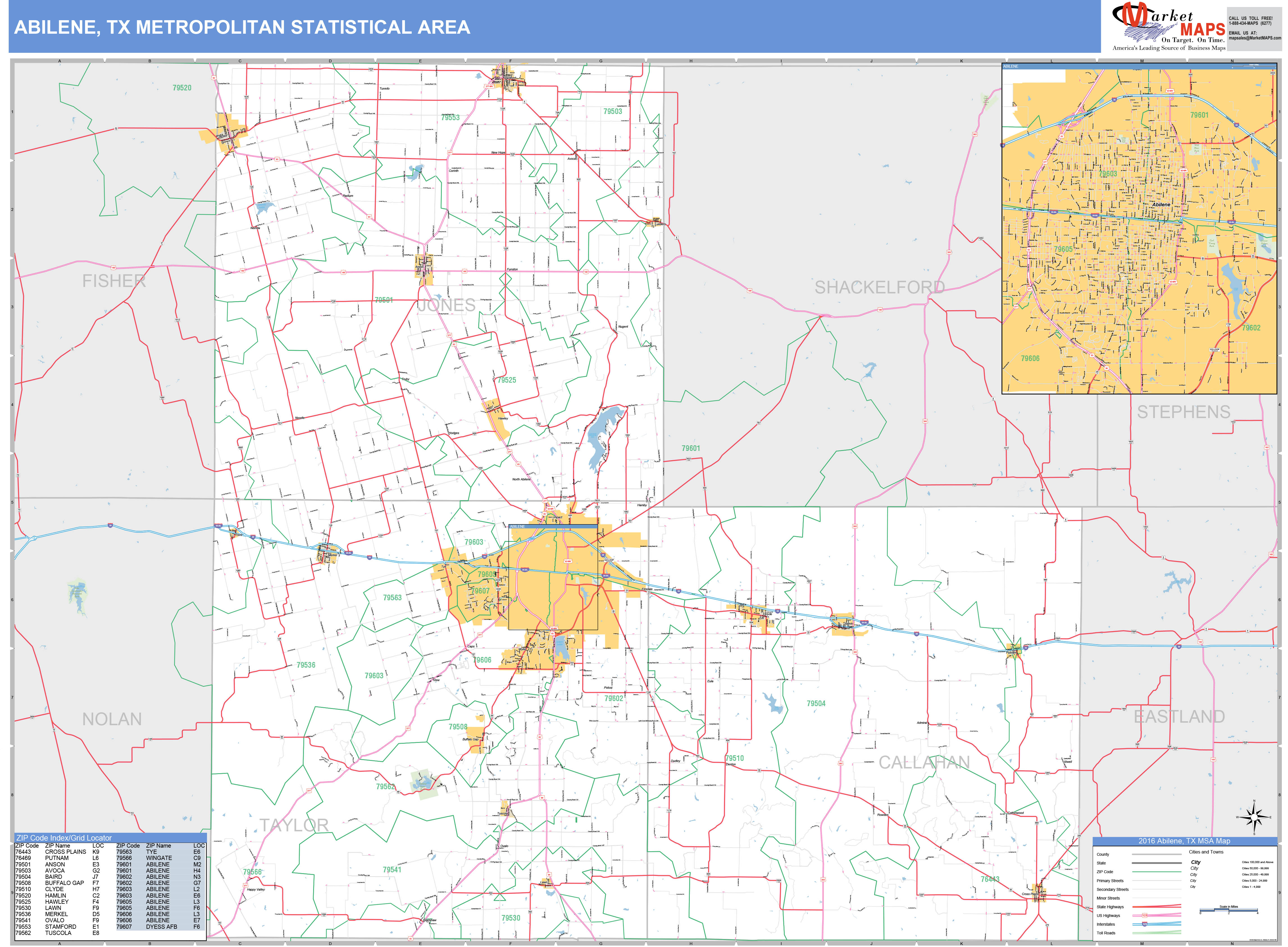 Abilene, TX Metro Area Wall Map Basic Style by MarketMAPS MapSales