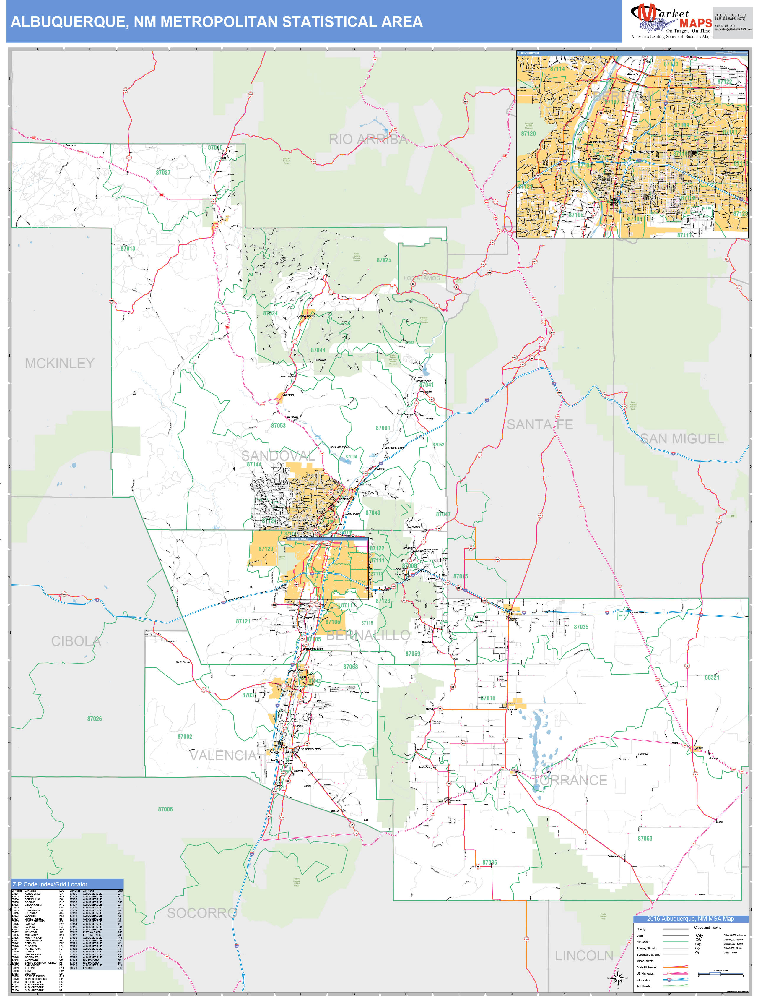 Albuquerque, NM Metro Area Wall Map Basic Style by MarketMAPS - MapSales