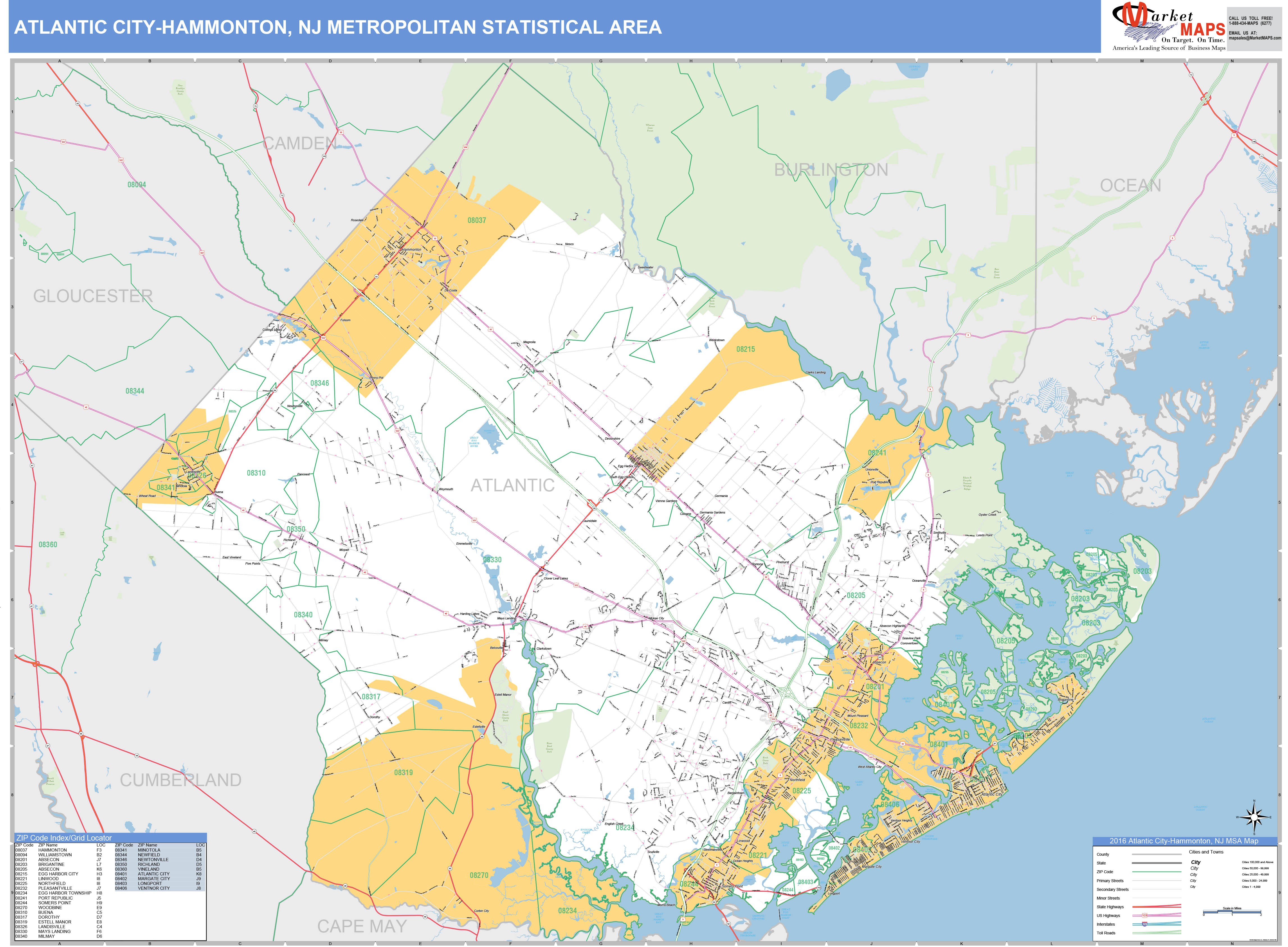 Atlantic City-Hammonton, NJ Metro Area Wall Map Basic Style by MarketMAPS