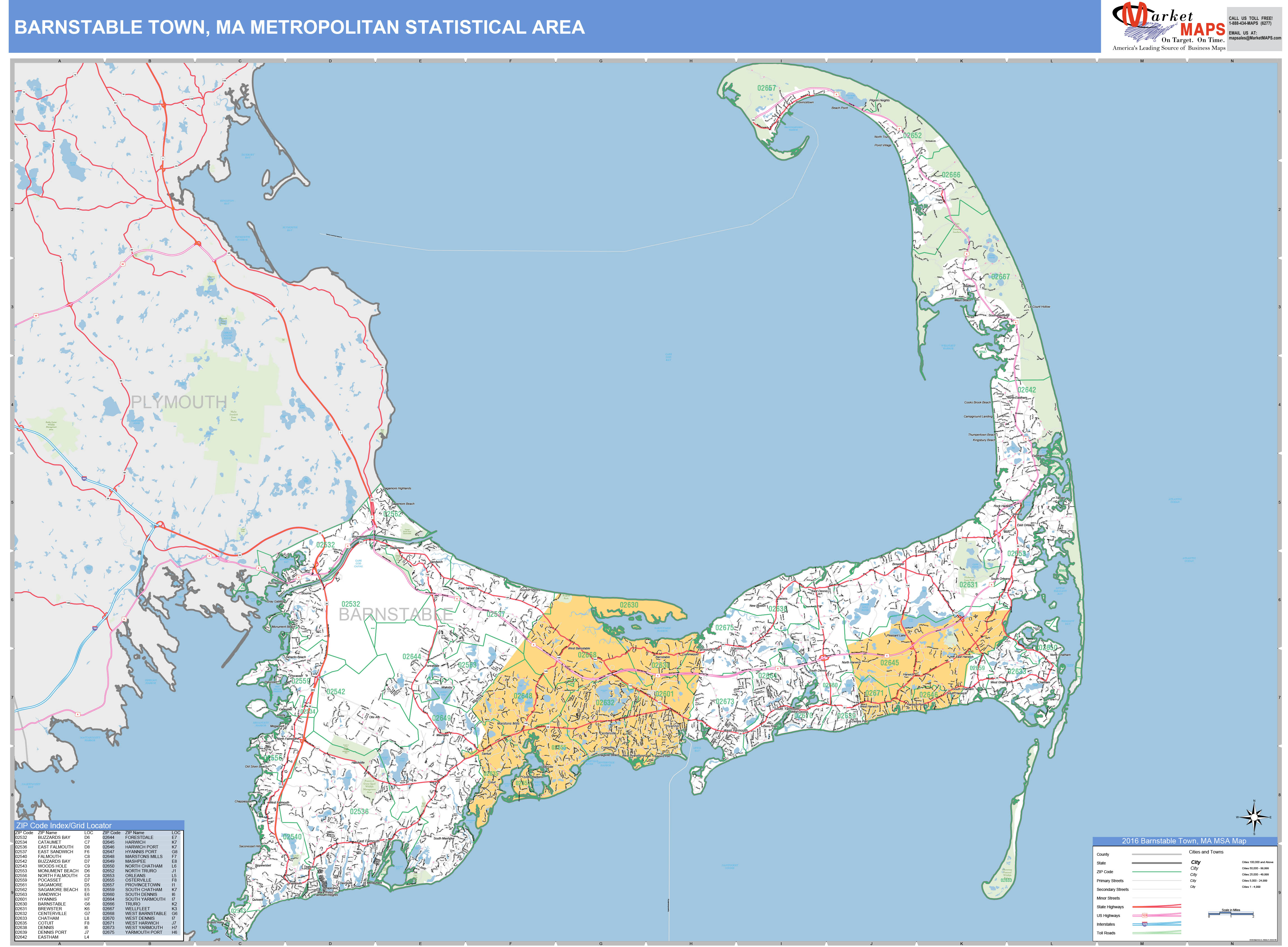 Barnstable Town, MA Metro Area Wall Map Basic Style by MarketMAPS