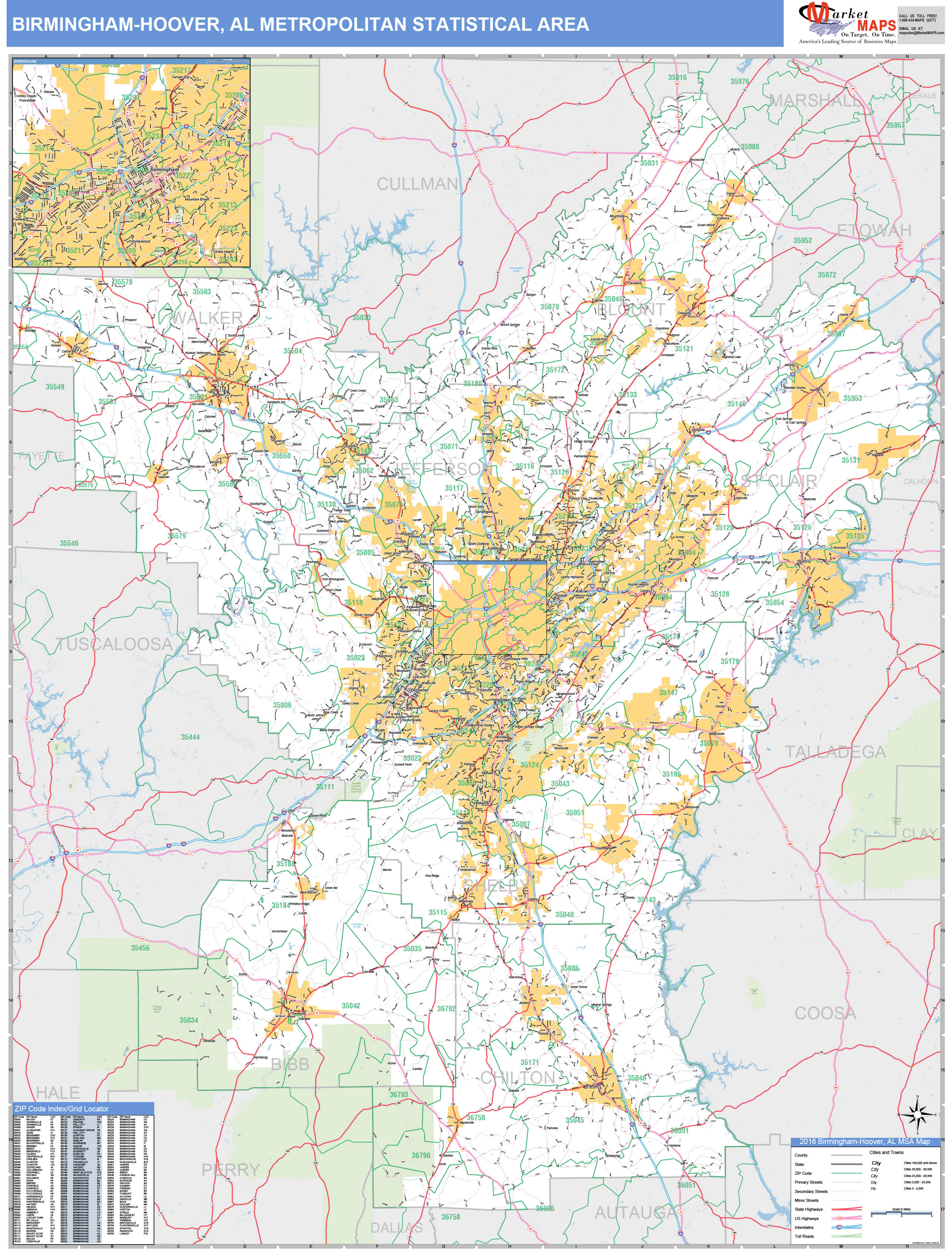 Birmingham-Hoover, AL Metro Area Wall Map Basic Style by MarketMAPS ...