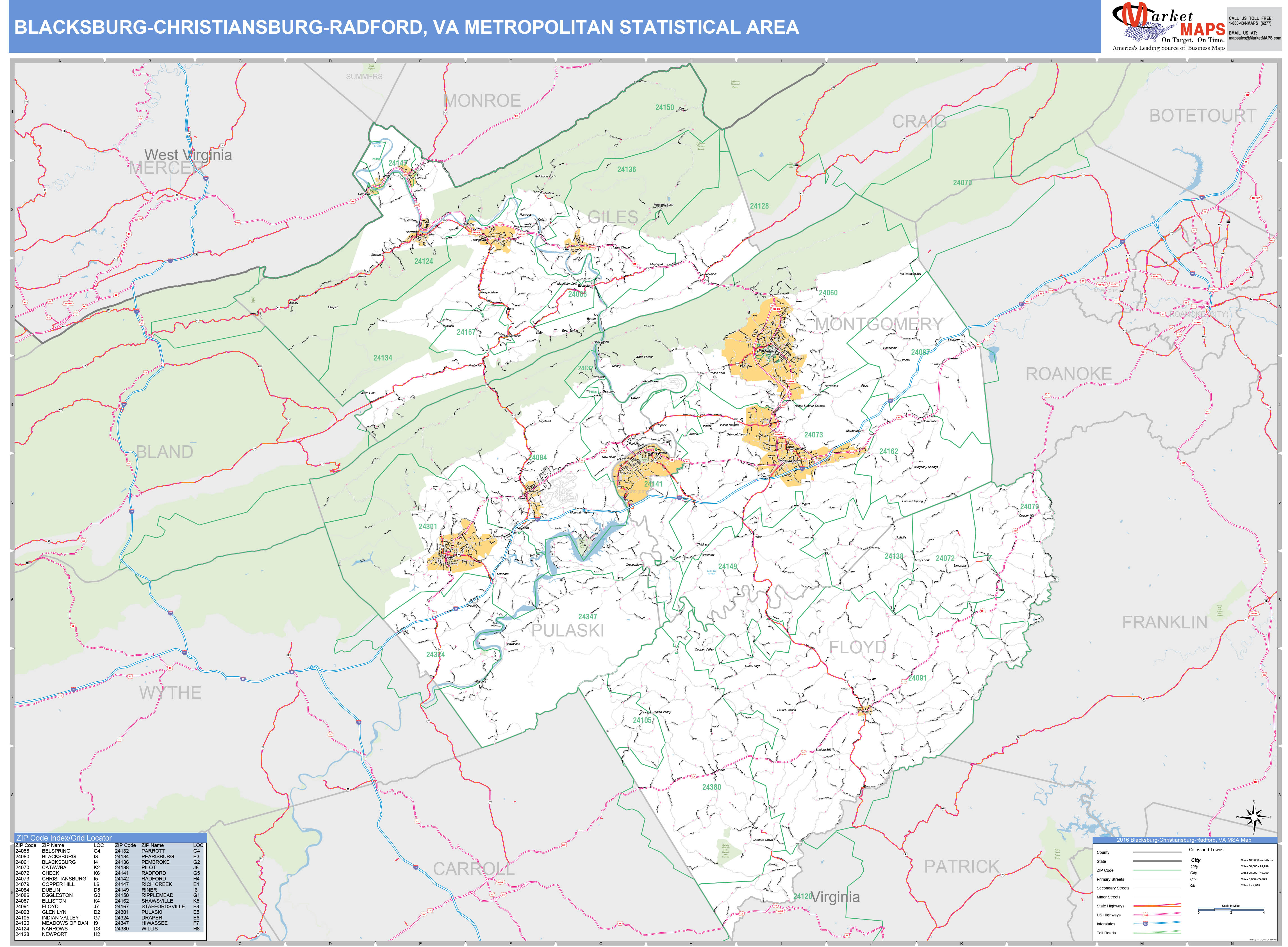 Blacksburg-christiansburg-radford, Va Metro Area Wall Map Basic Style 