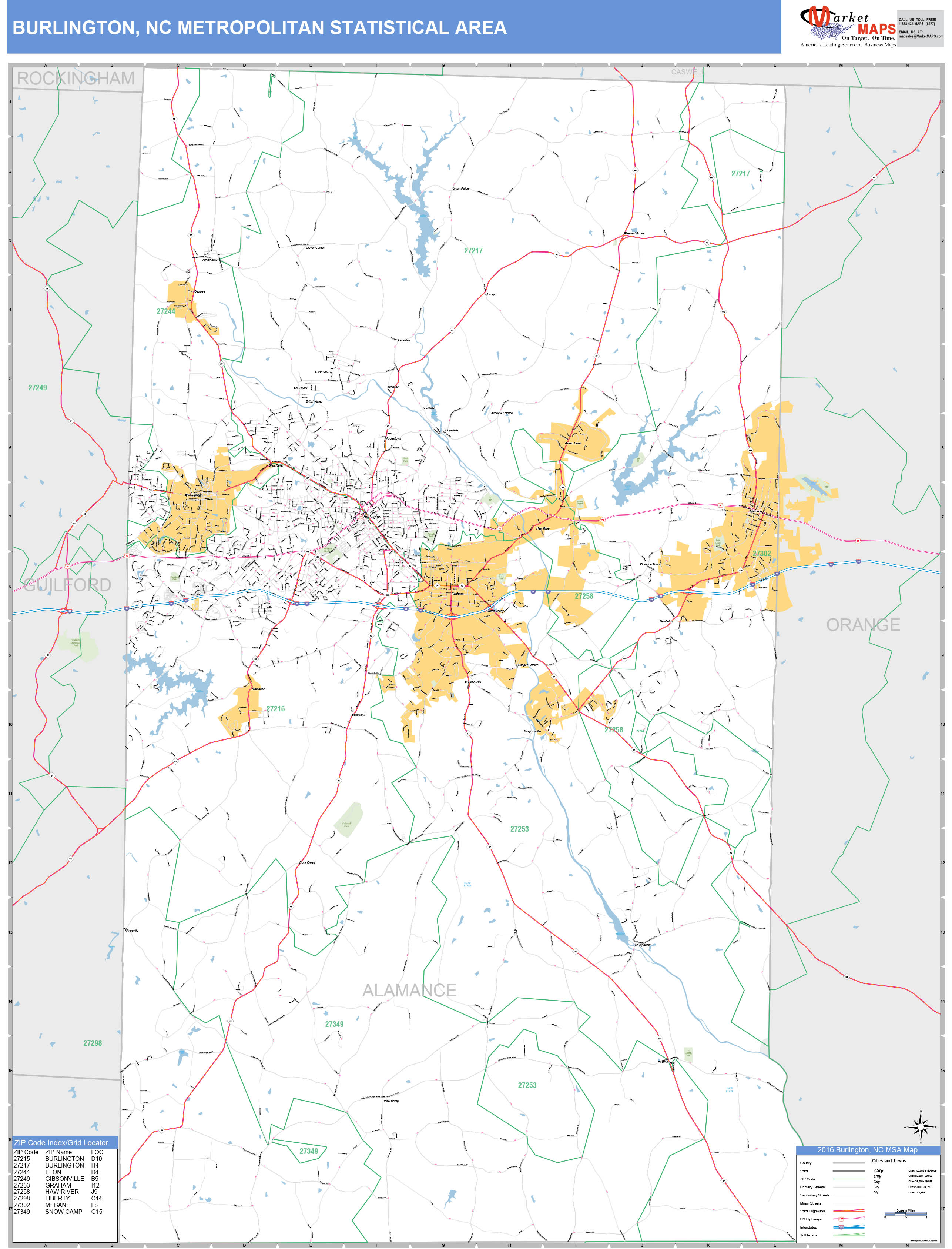 Burlington, NC Metro Area Wall Map Basic Style by MarketMAPS - MapSales.com