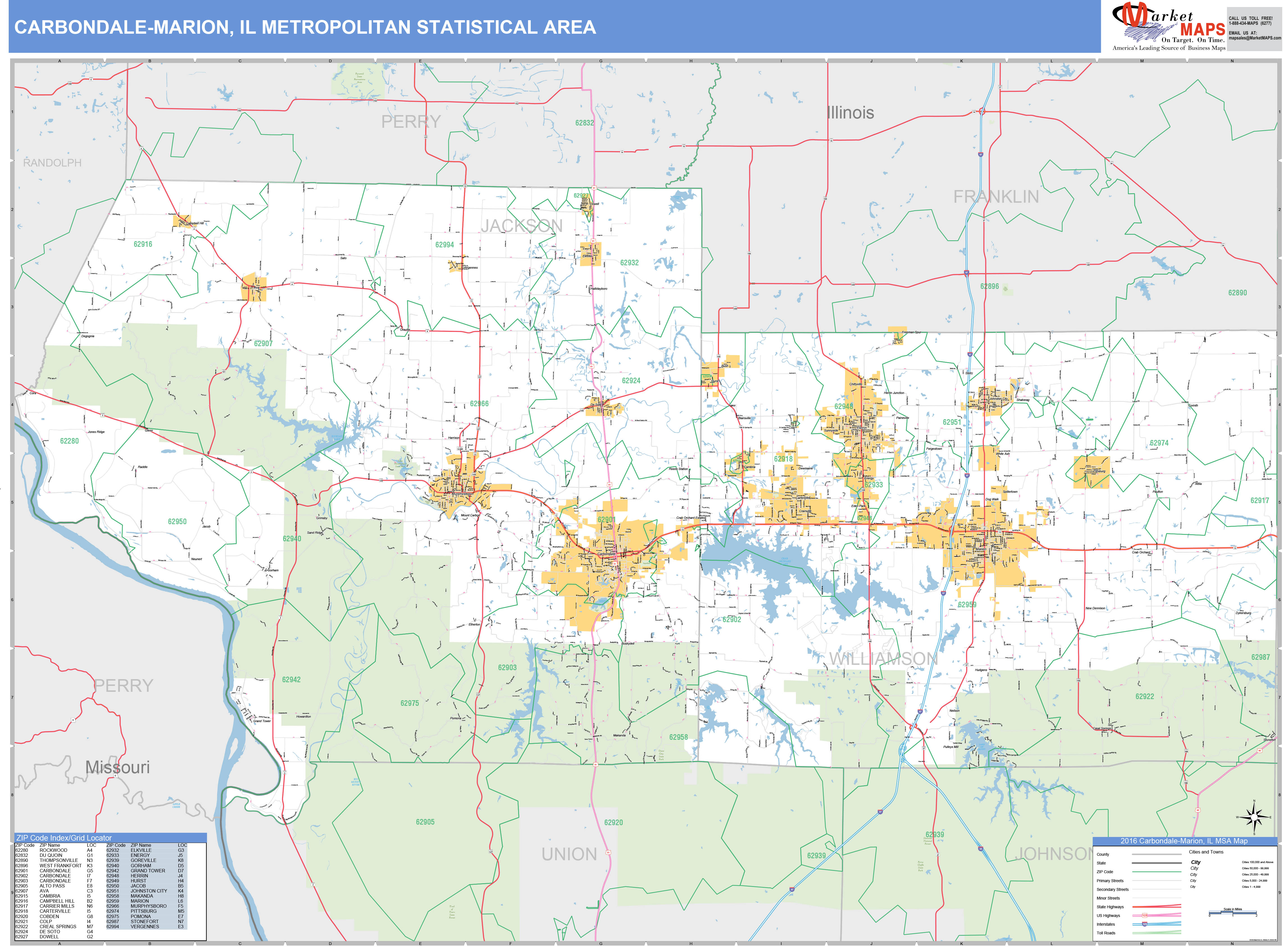 Carbondale-marion, Il Metro Area Wall Map Basic Style By Marketmaps