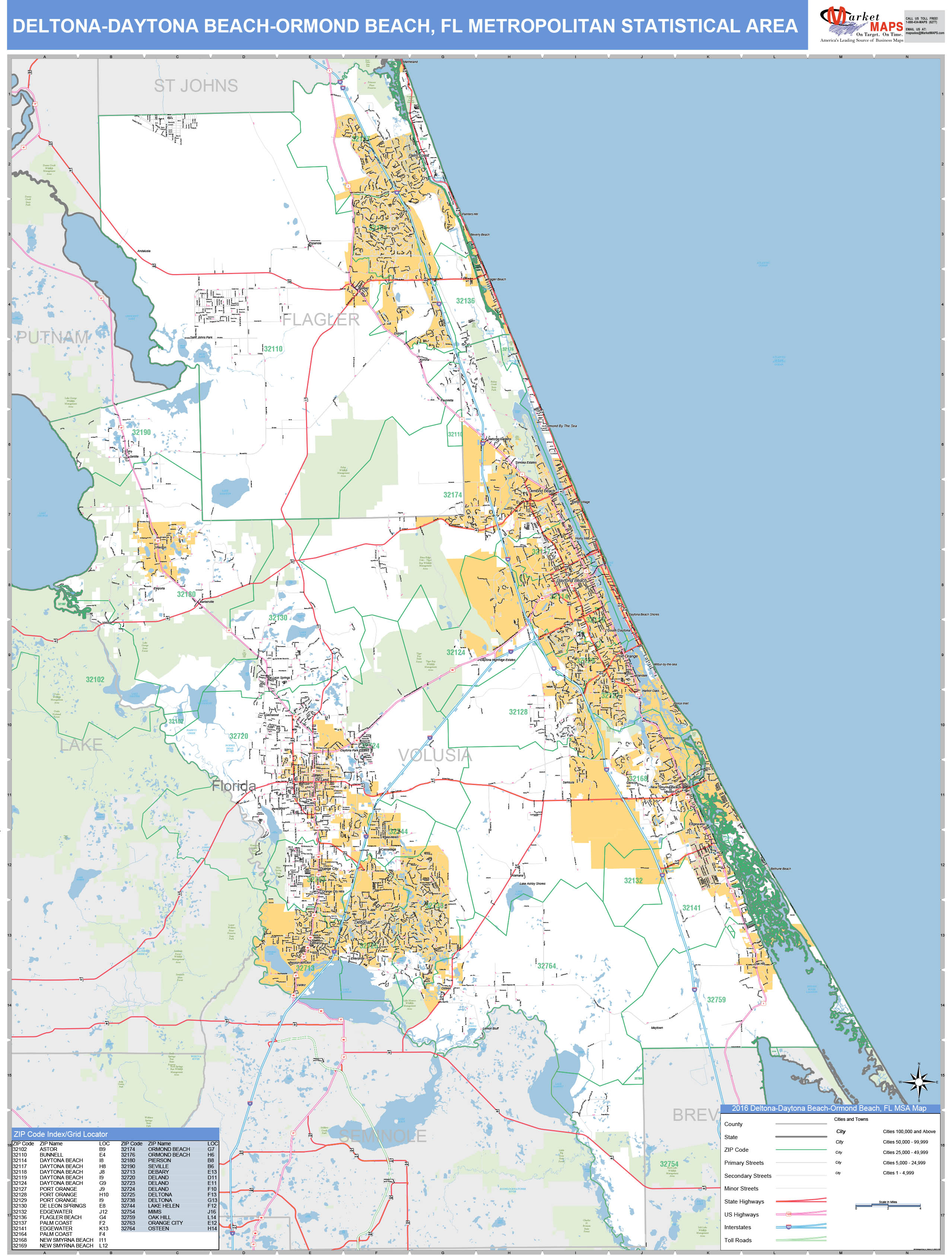 Deltona-Daytona Beach-Ormond Beach, FL Metro Area Wall Map Basic Style ...