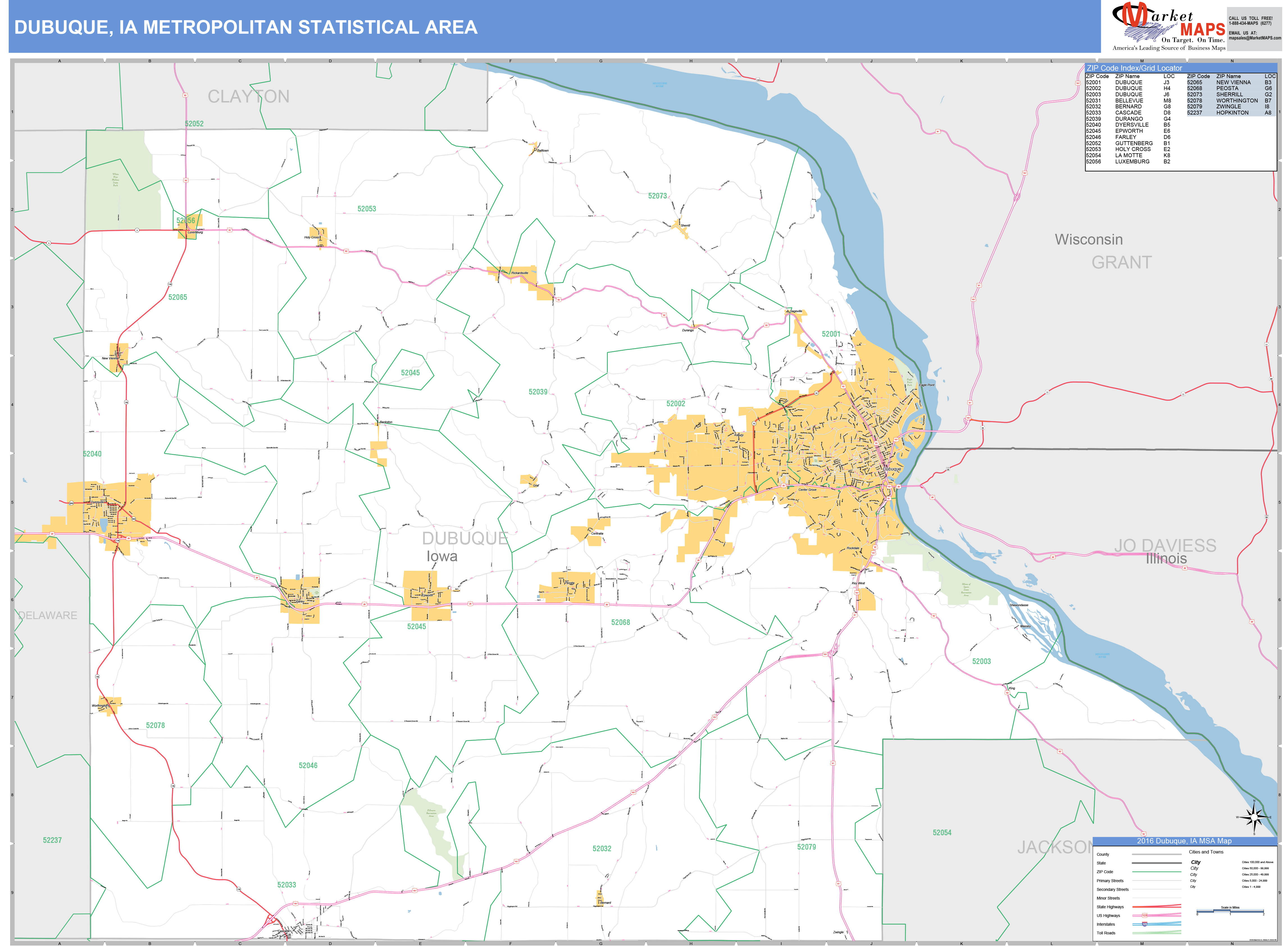 Dubuque, IA Metro Area Wall Map Basic Style by MarketMAPS