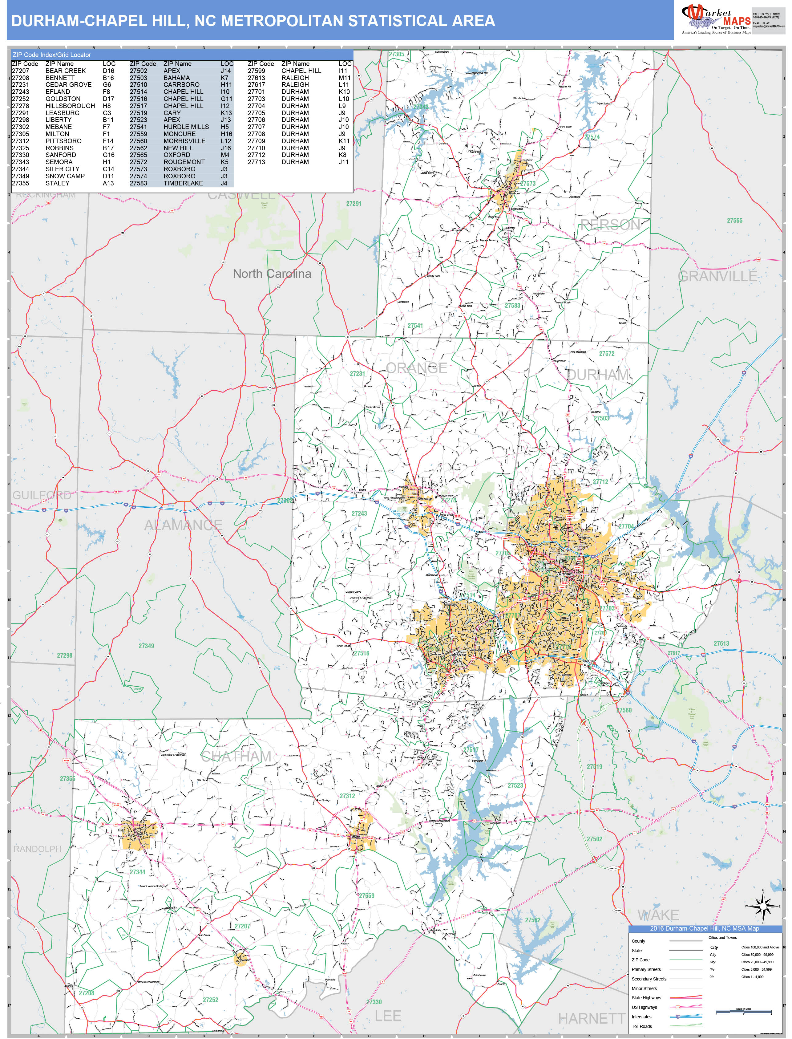 Durham-Chapel Hill, NC Metro Area Wall Map Basic Style by MarketMAPS