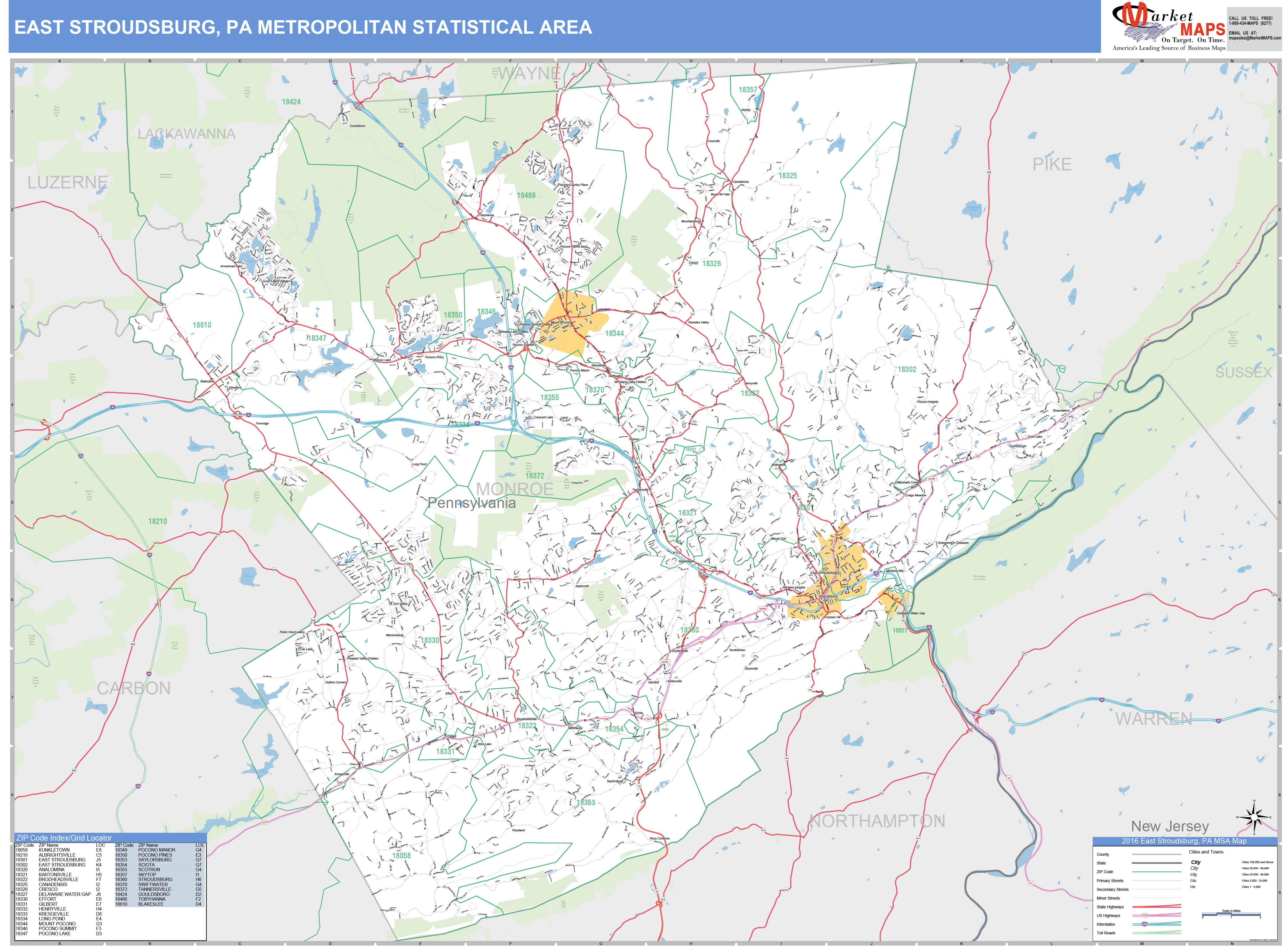 East Stroudsburg, PA Metro Area Wall Map Basic Style by MarketMAPS