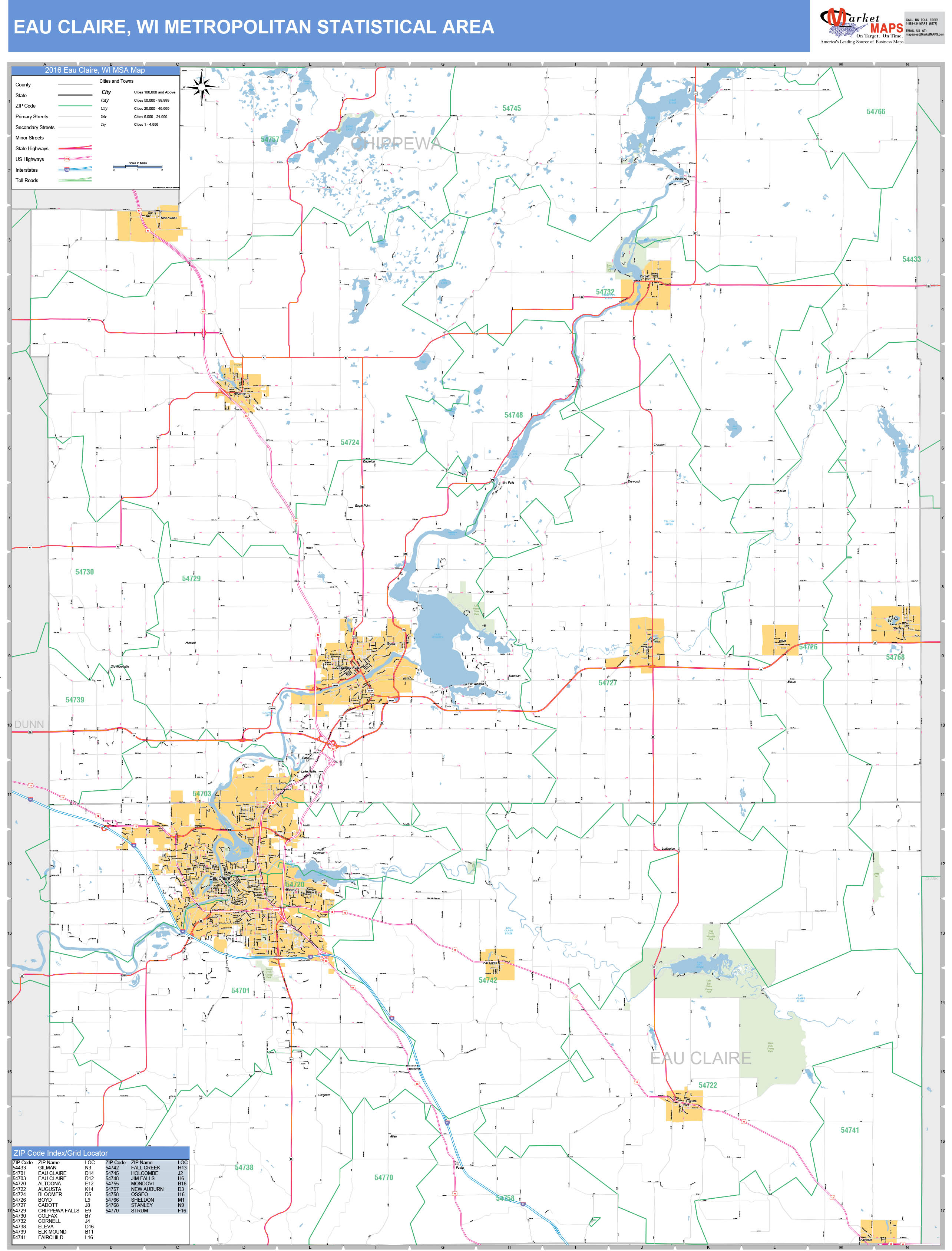 Eau Claire, WI Metro Area Wall Map Basic Style by MarketMAPS