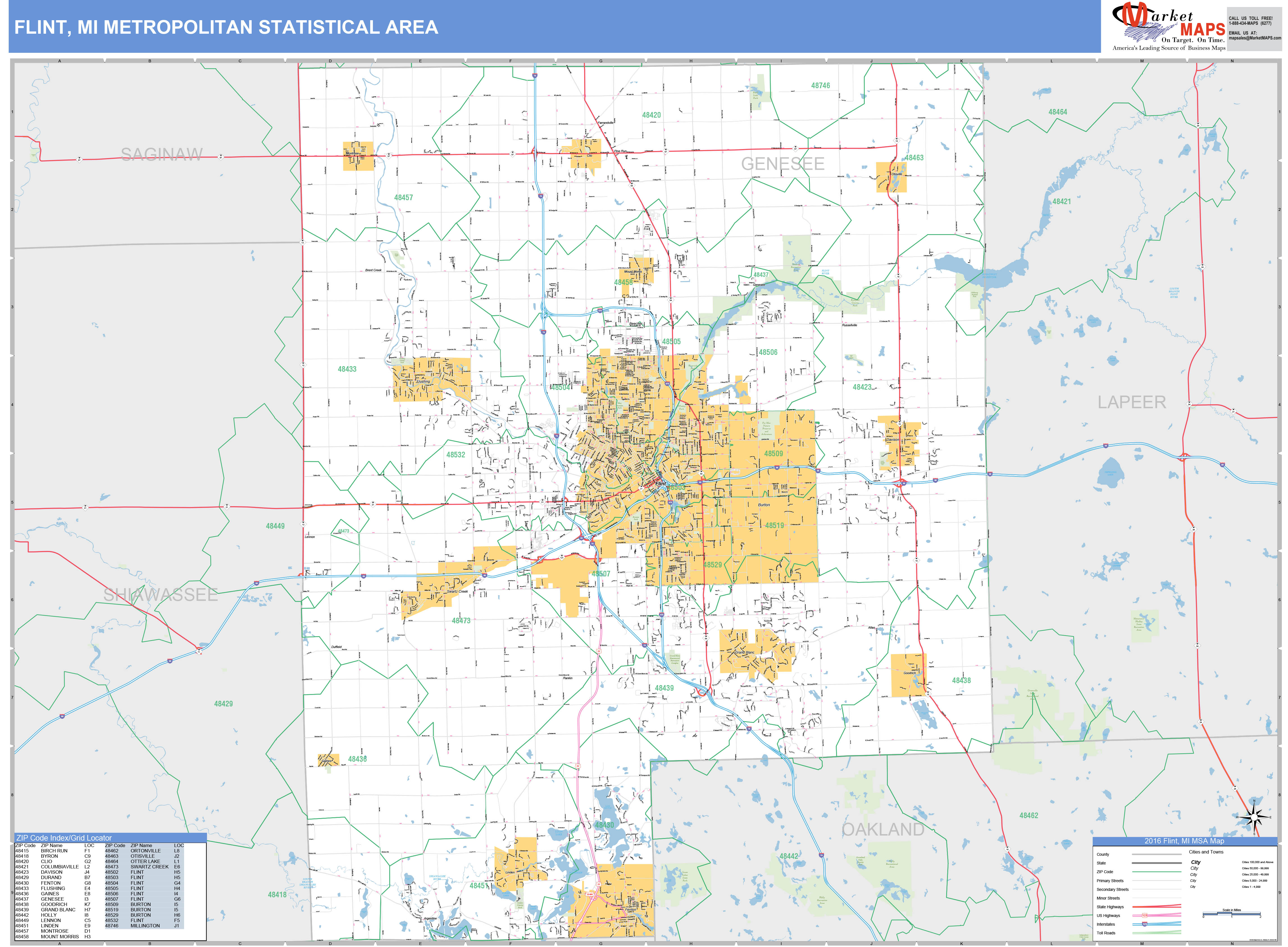 Flint, MI Metro Area Wall Map Basic Style by MarketMAPS