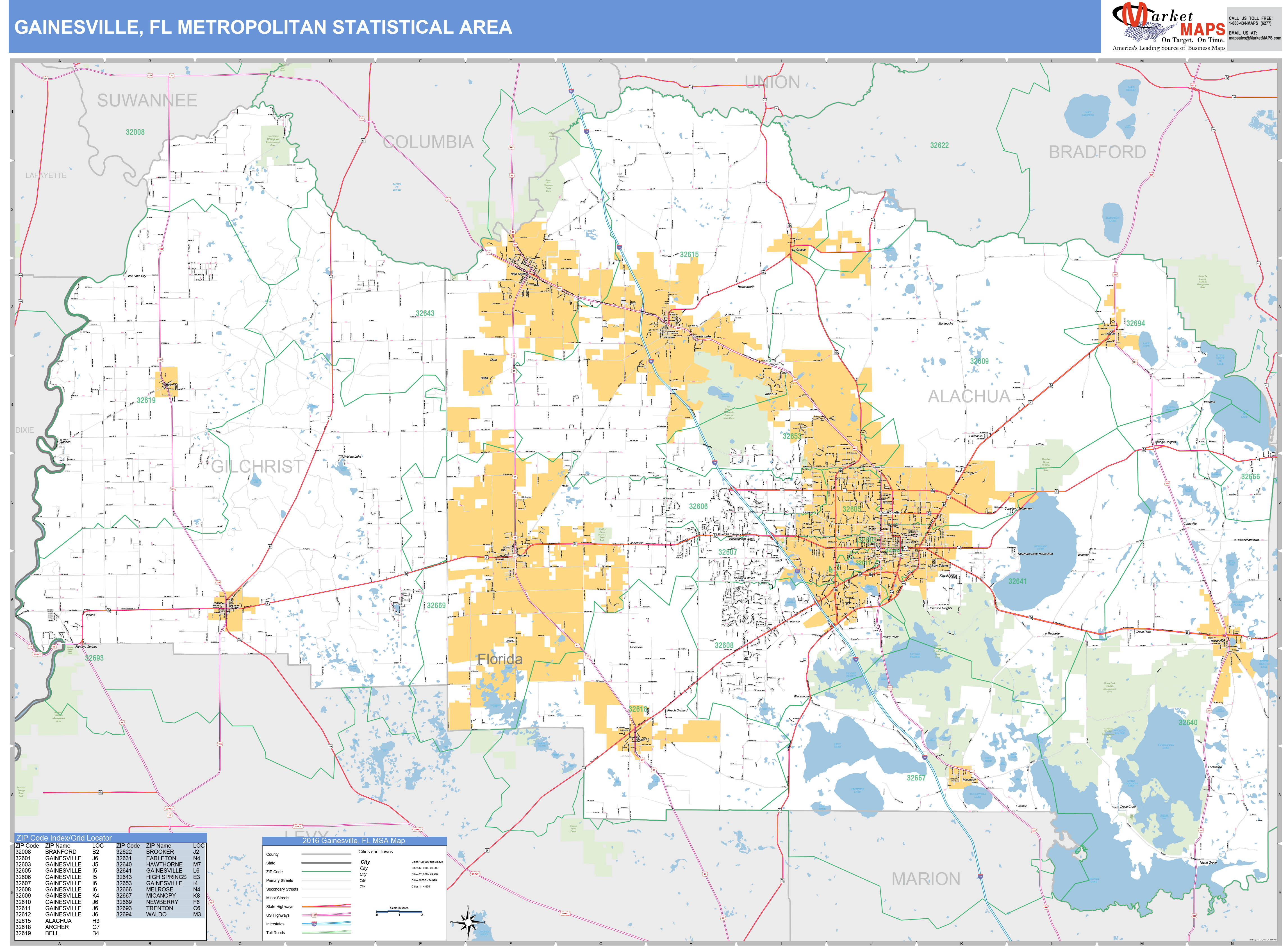 Gainesville, FL Metro Area Wall Map Basic Style by MarketMAPS