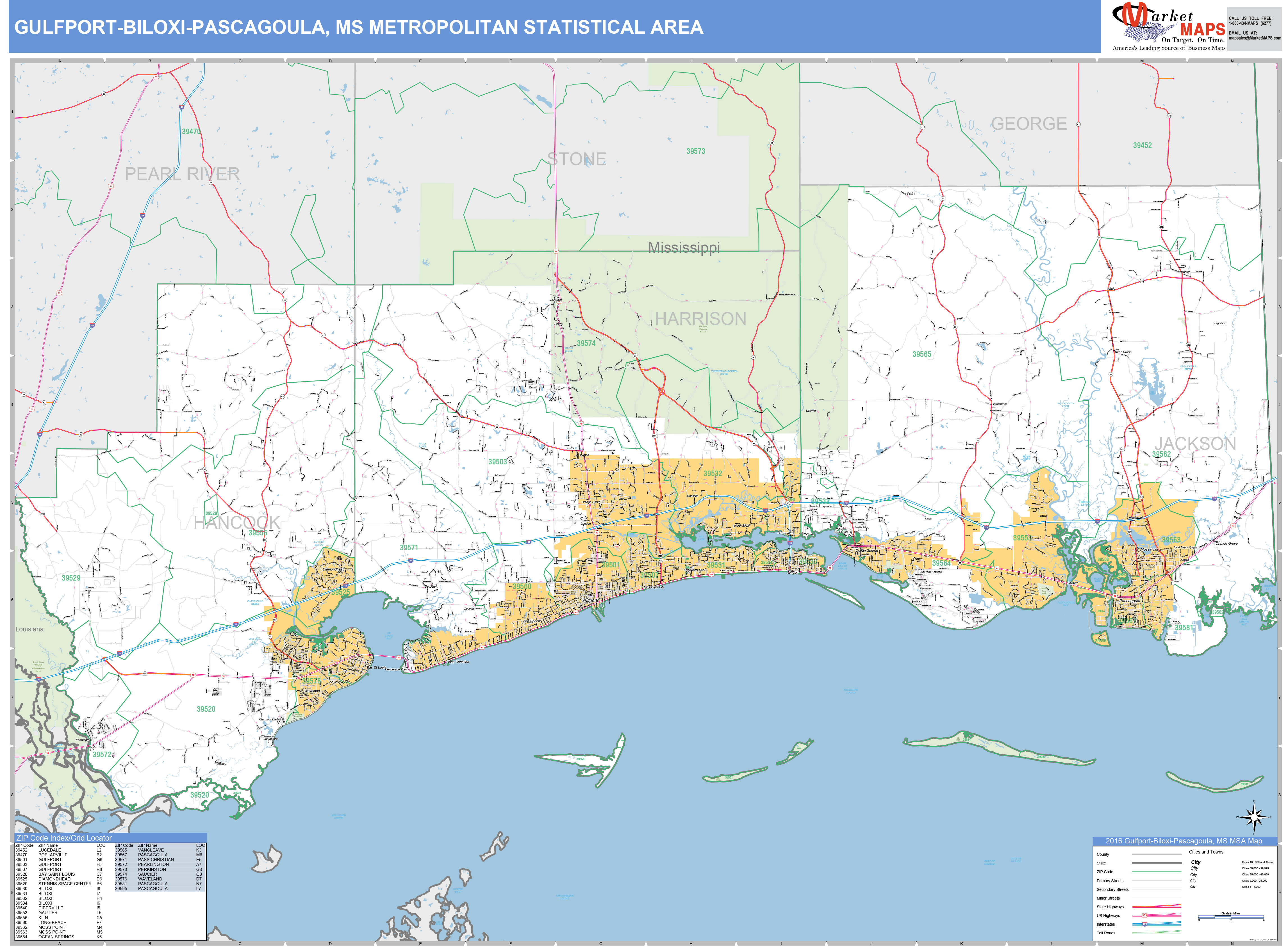 Gulfport-Biloxi-Pascagoula, MS Metro Area Wall Map Basic Style by ...