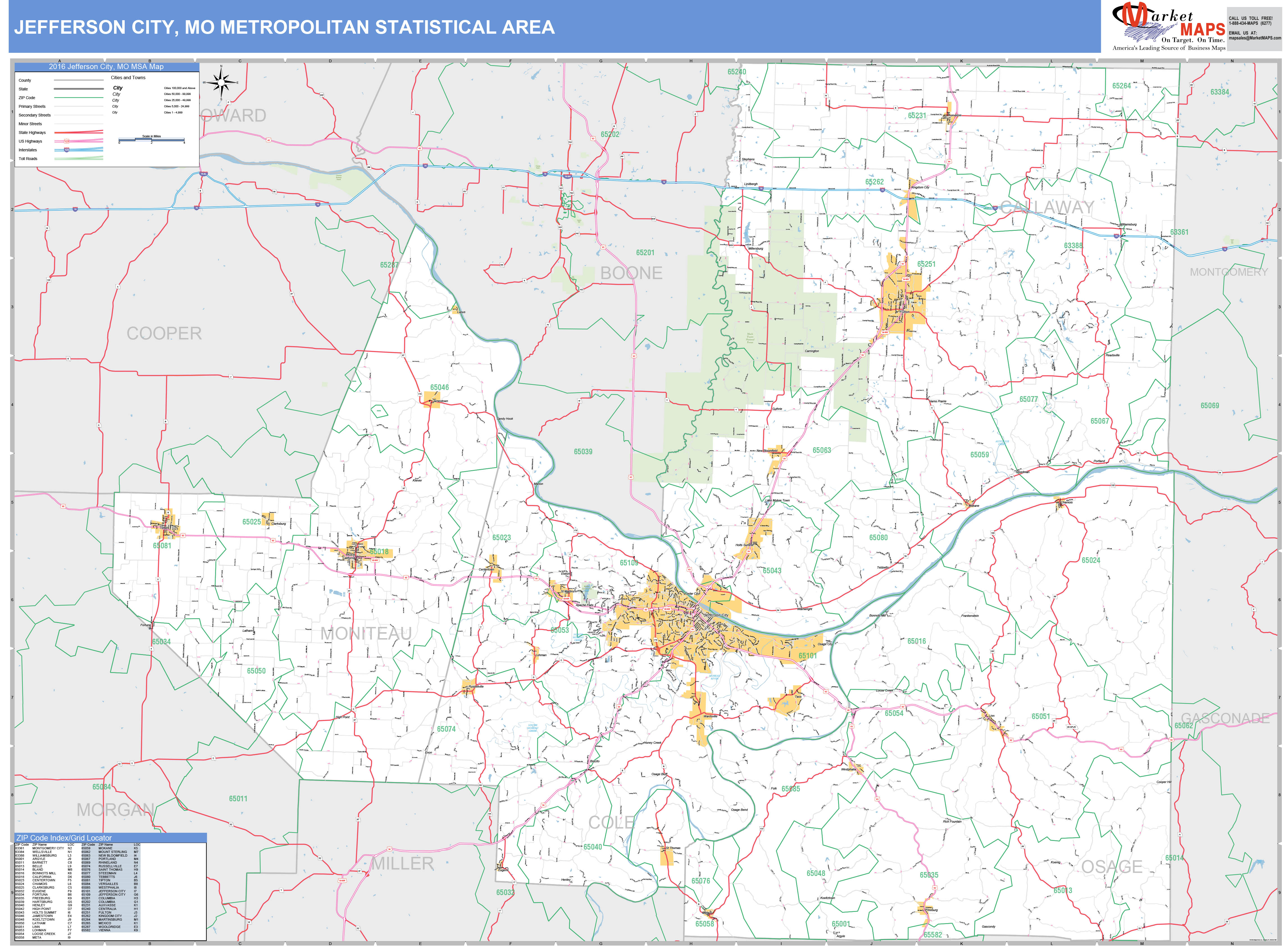 Jefferson City, MO Metro Area Wall Map Basic Style by MarketMAPS