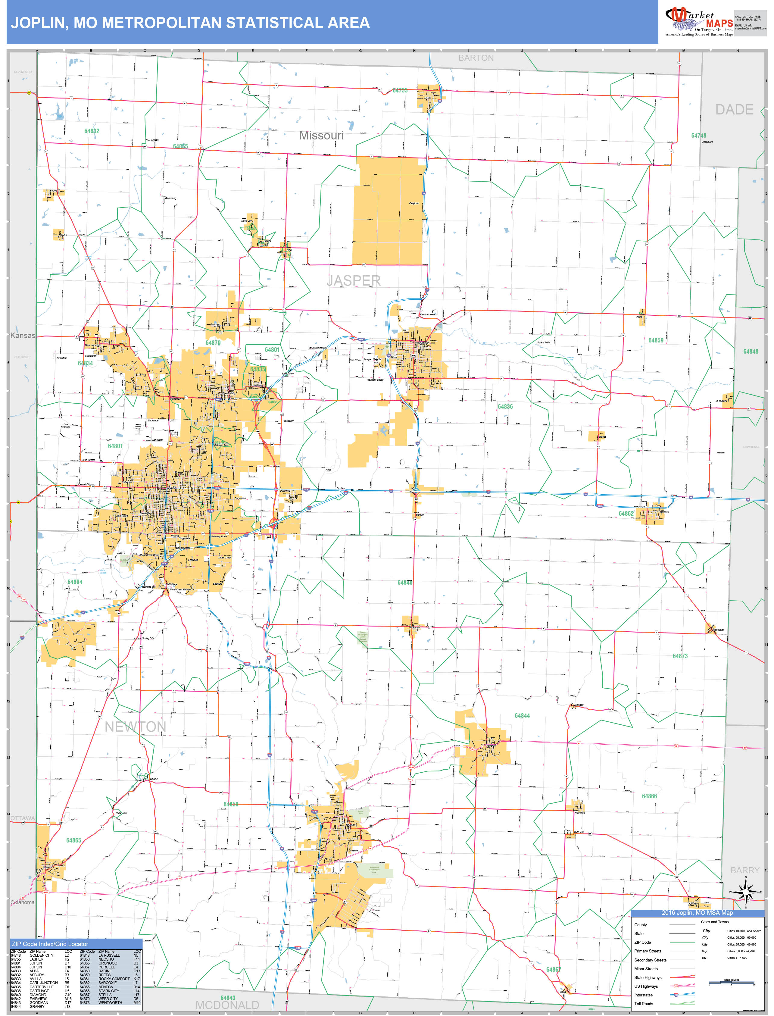 Joplin, MO Metro Area Wall Map Basic Style by MarketMAPS