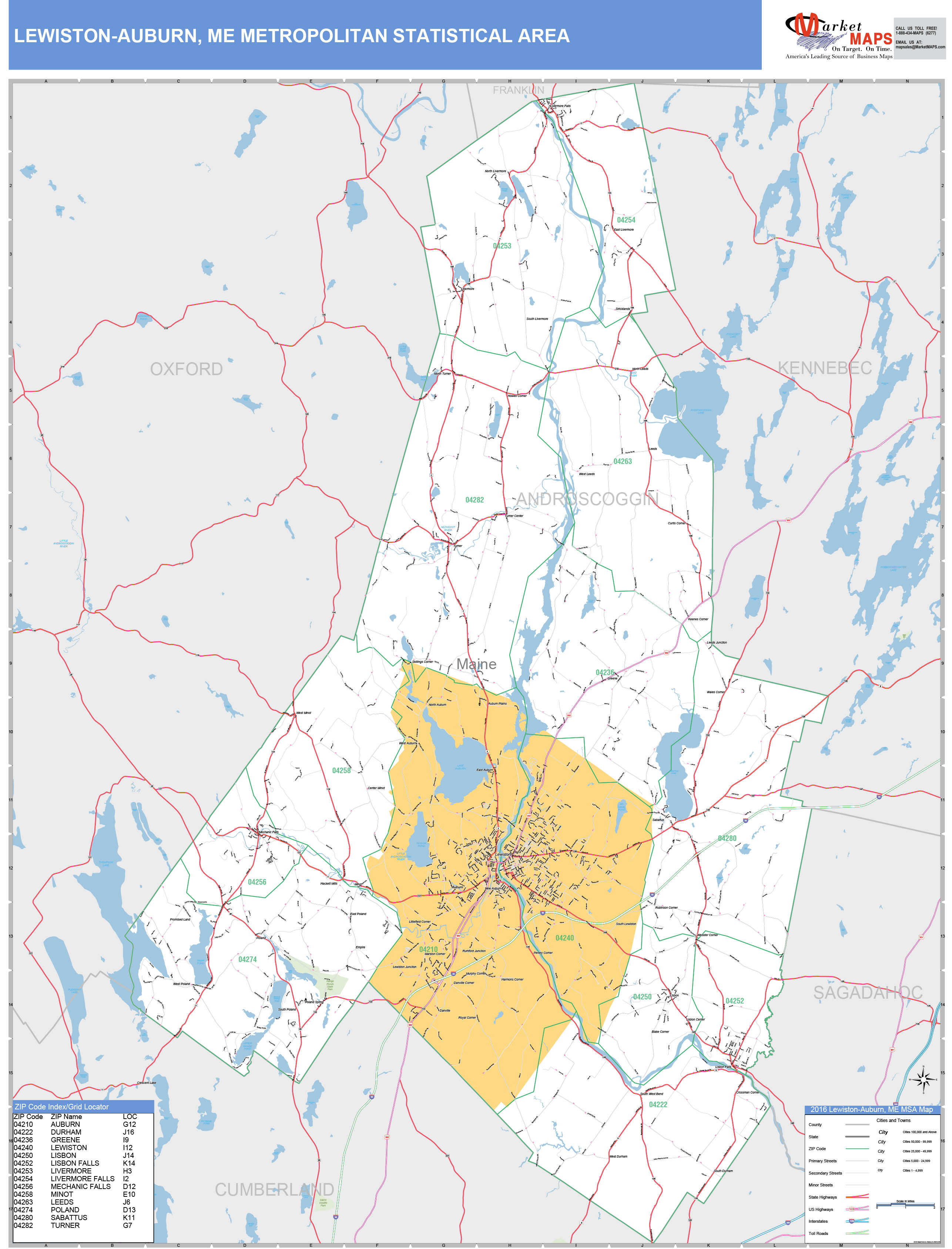 Lewiston-Auburn, ME Metro Area Wall Map Basic Style by MarketMAPS ...