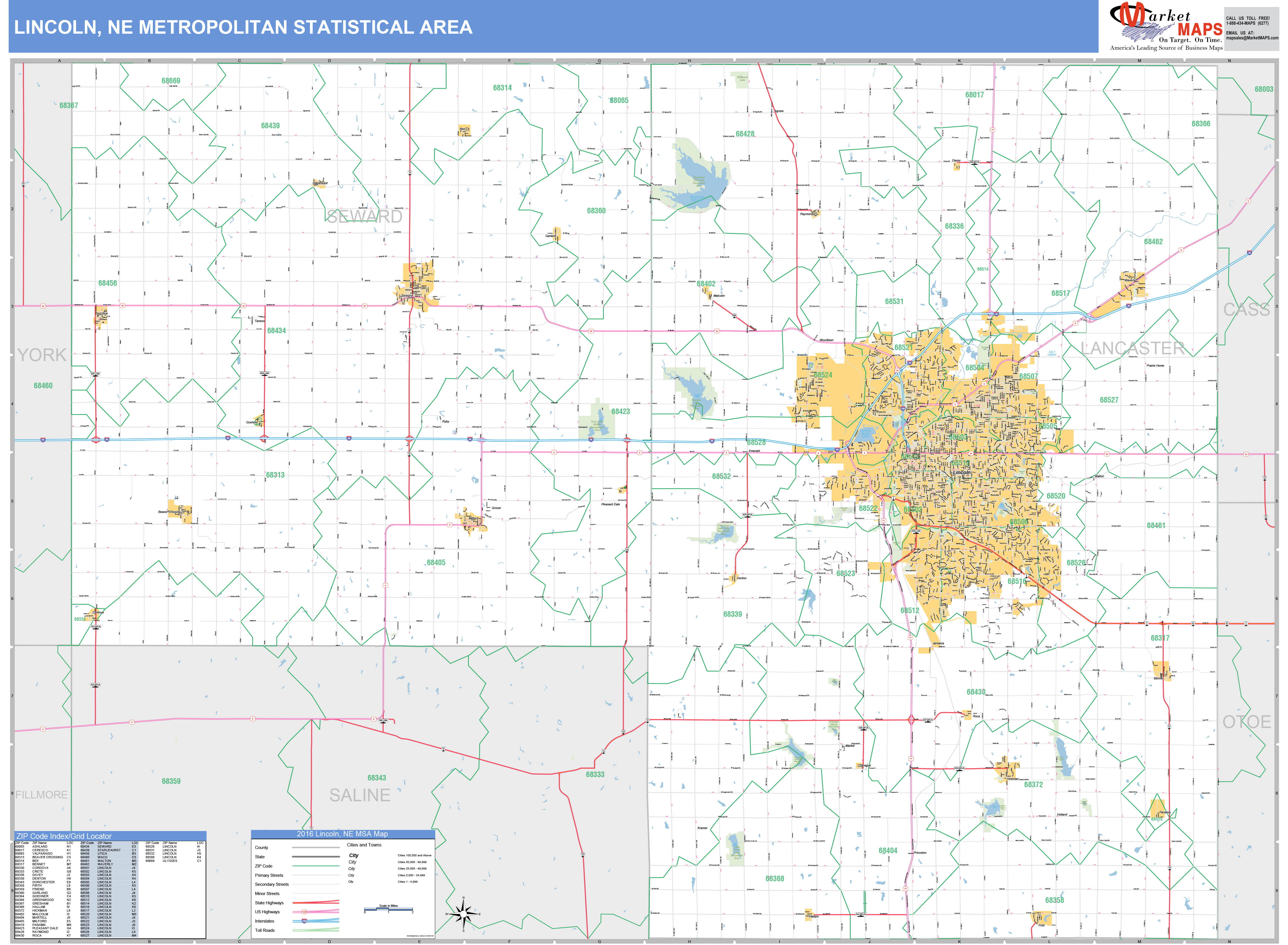 Lincoln, NE Metro Area Wall Map Basic Style by MarketMAPS - MapSales.com