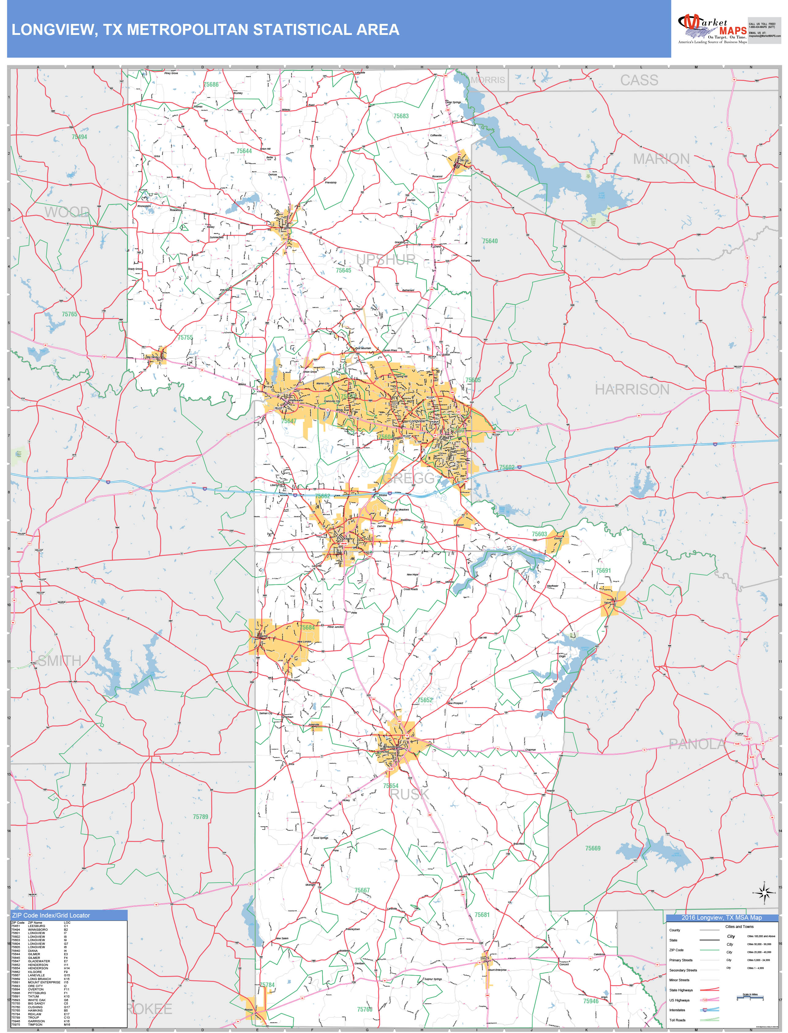 Longview, TX Metro Area Wall Map Basic Style by MarketMAPS - MapSales