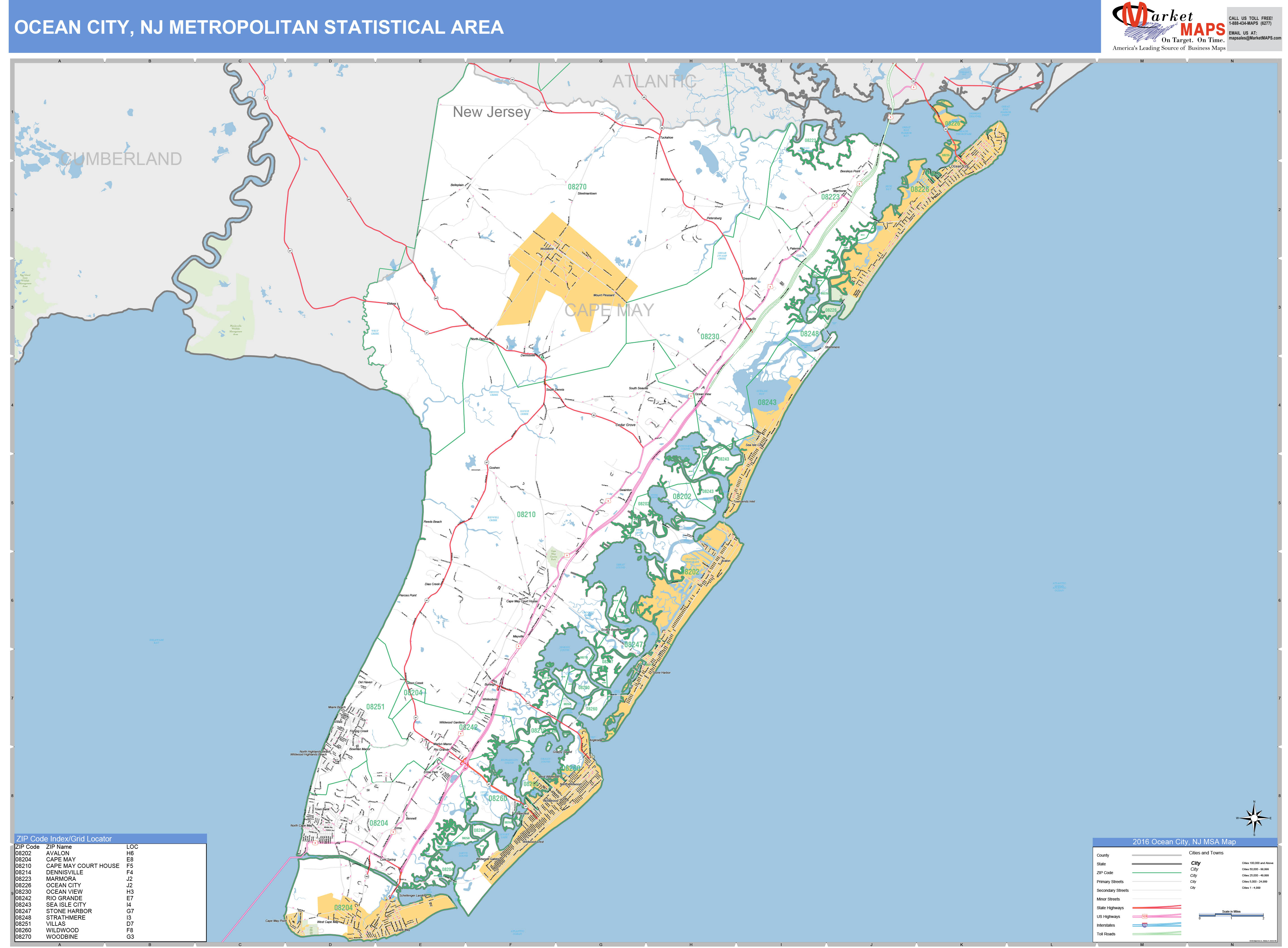 Ocean City, NJ Metro Area Wall Map Basic Style by MarketMAPS