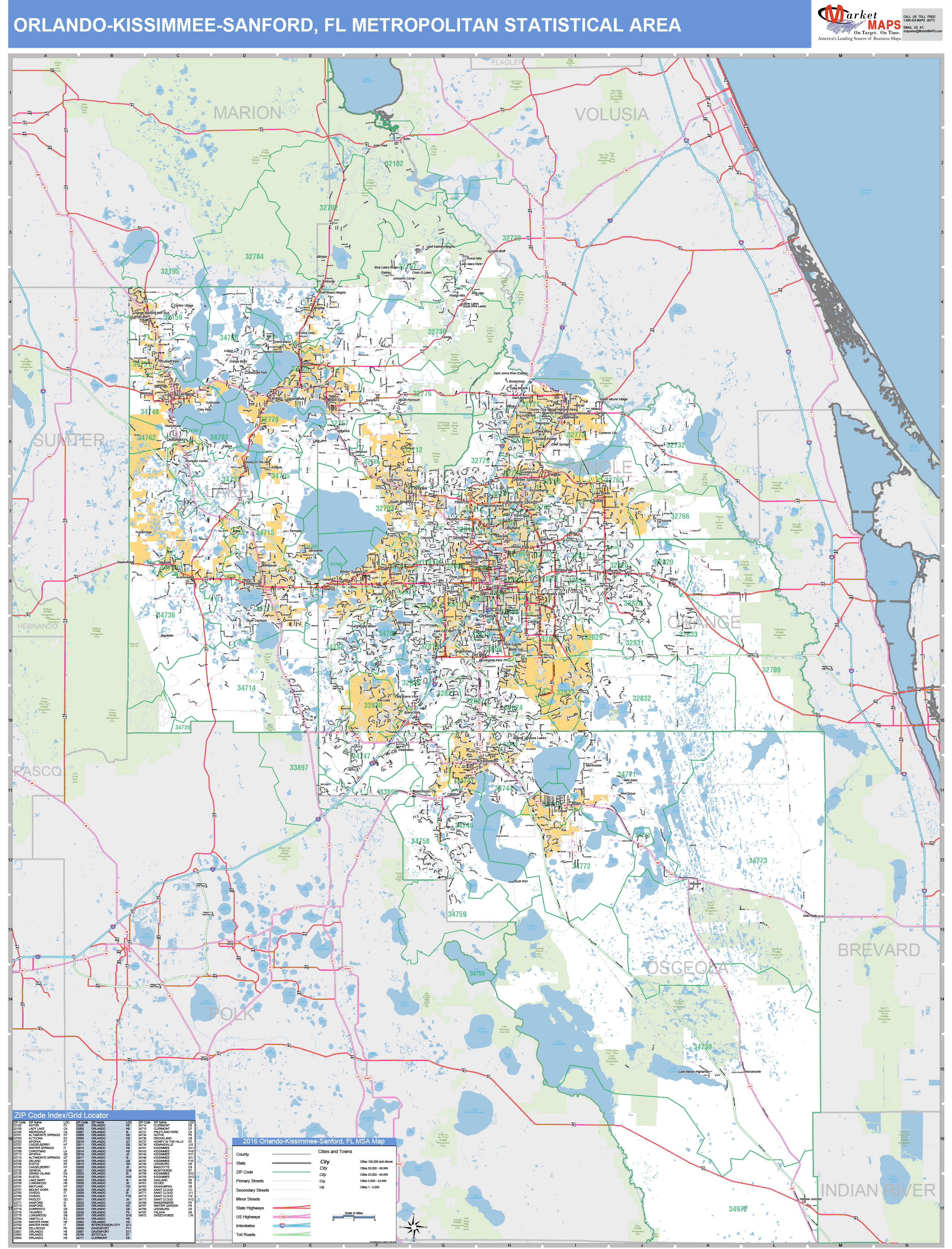 Orlando-Kissimmee-Sanford, FL Metro Area Wall Map Basic Style by MarketMAPS