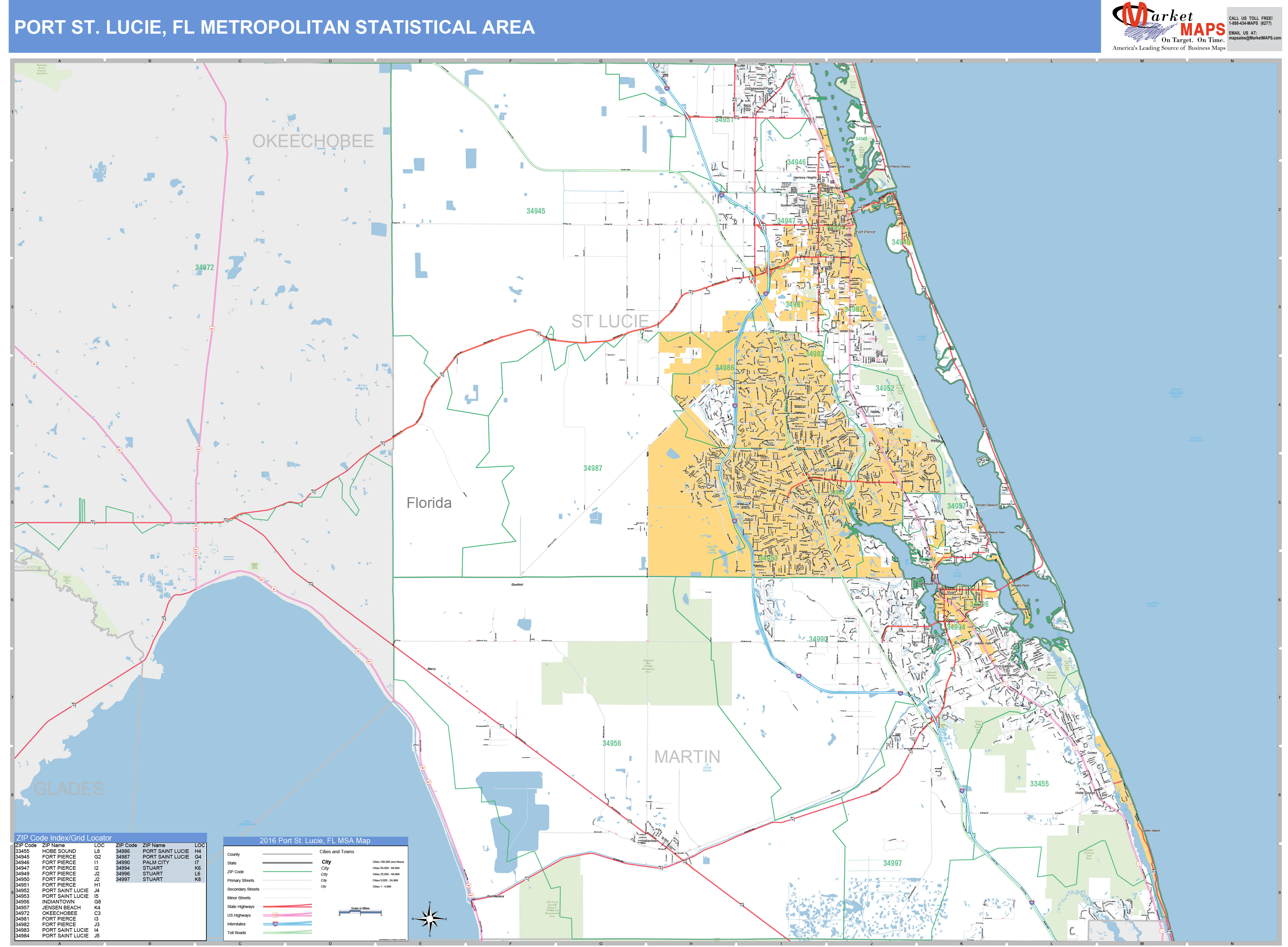 Port St. Lucie, FL Metro Area Wall Map Basic Style by MarketMAPS