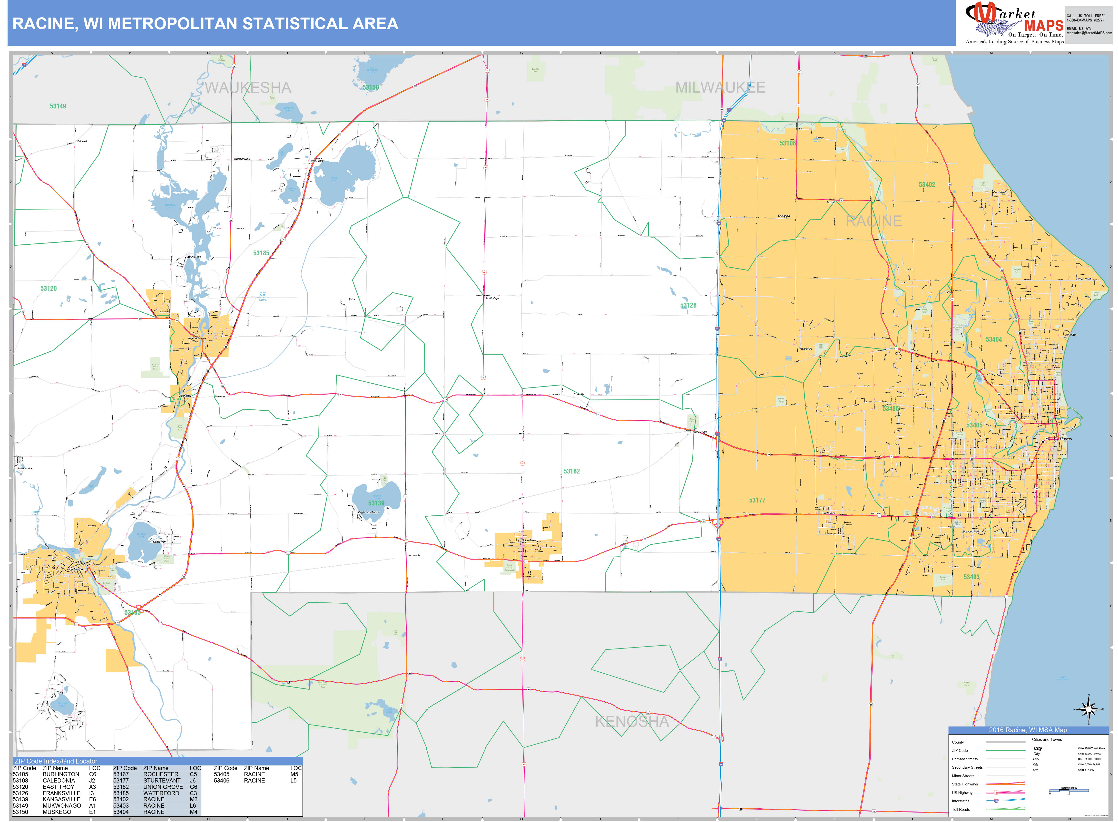 Racine, WI Metro Area Wall Map Basic Style by MarketMAPS