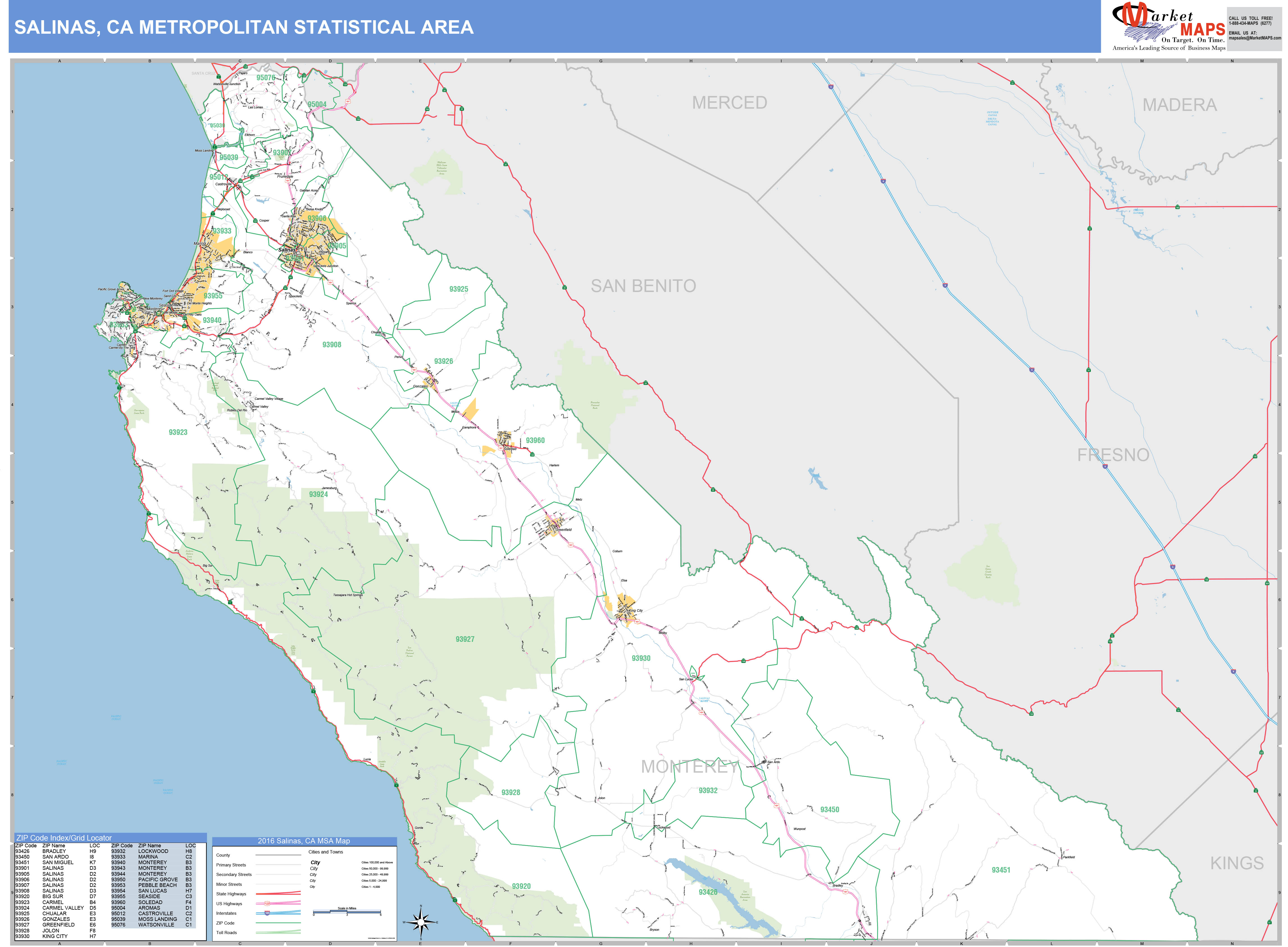 Salinas, CA Metro Area Wall Map Basic Style by MarketMAPS