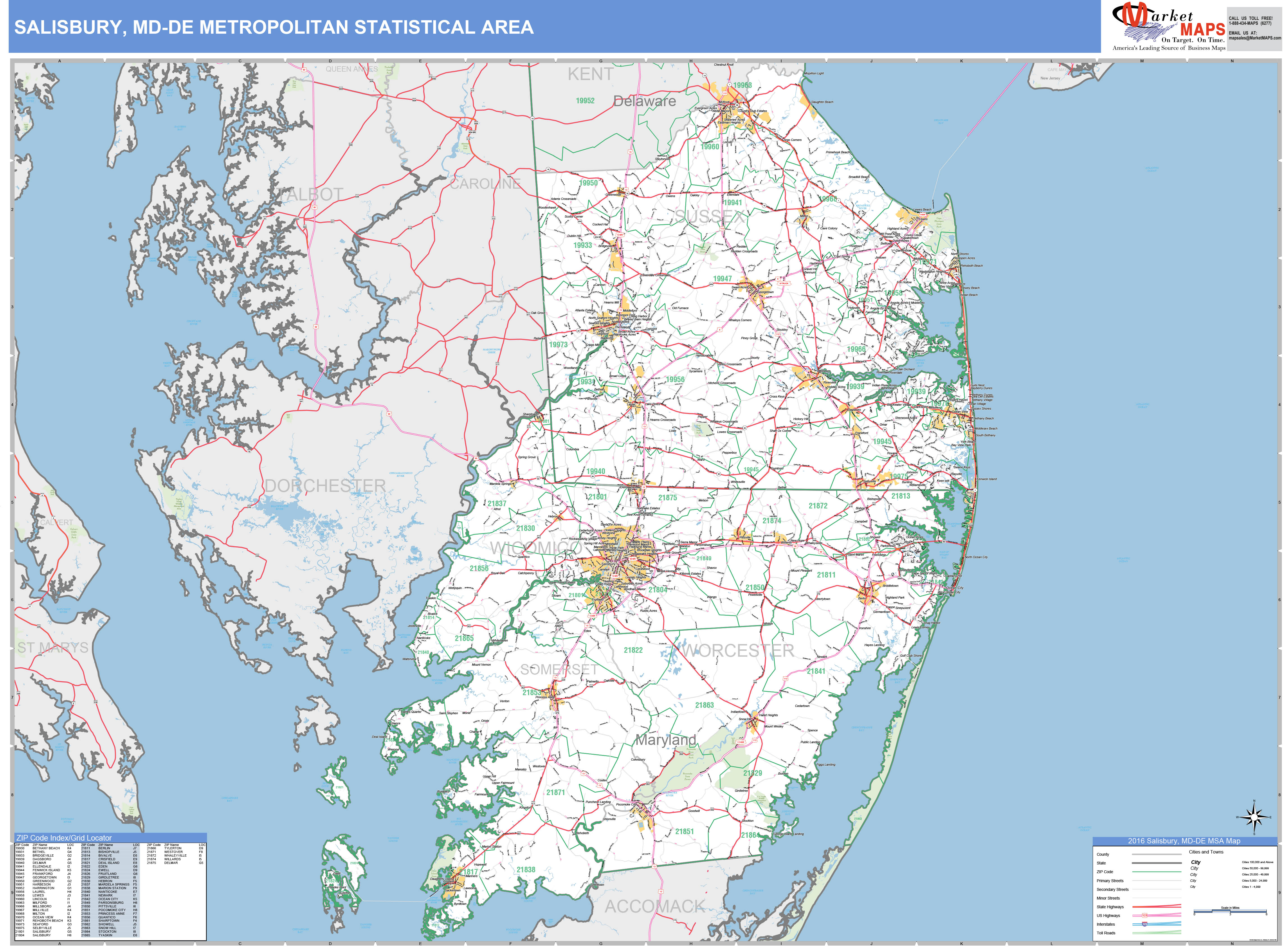 Salisbury, MD Metro Area Wall Map Basic Style by MarketMAPS