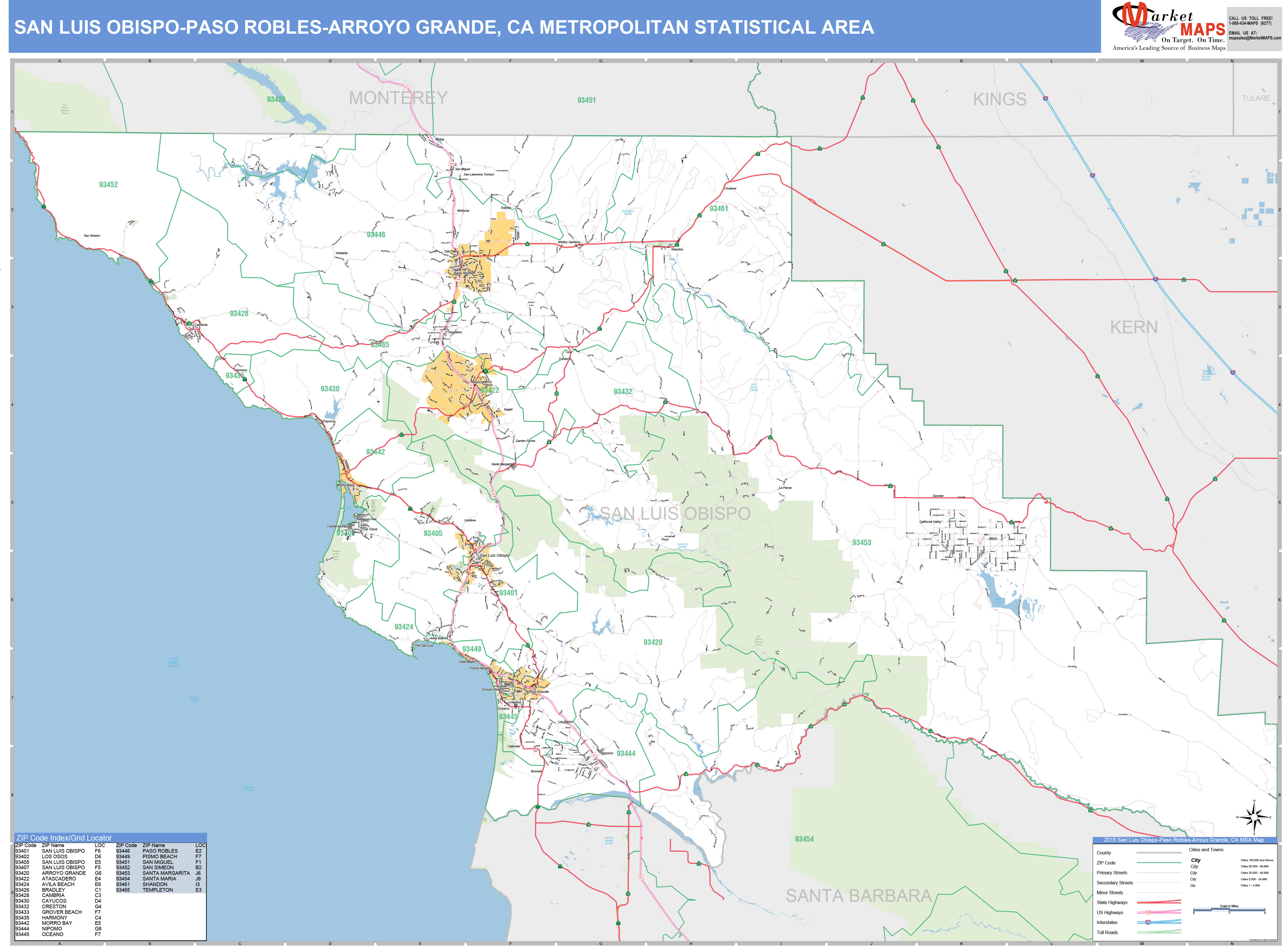 San Luis Obispo-Paso Robles-Arroyo Grande, CA Metro Area Wall Map Basic ...