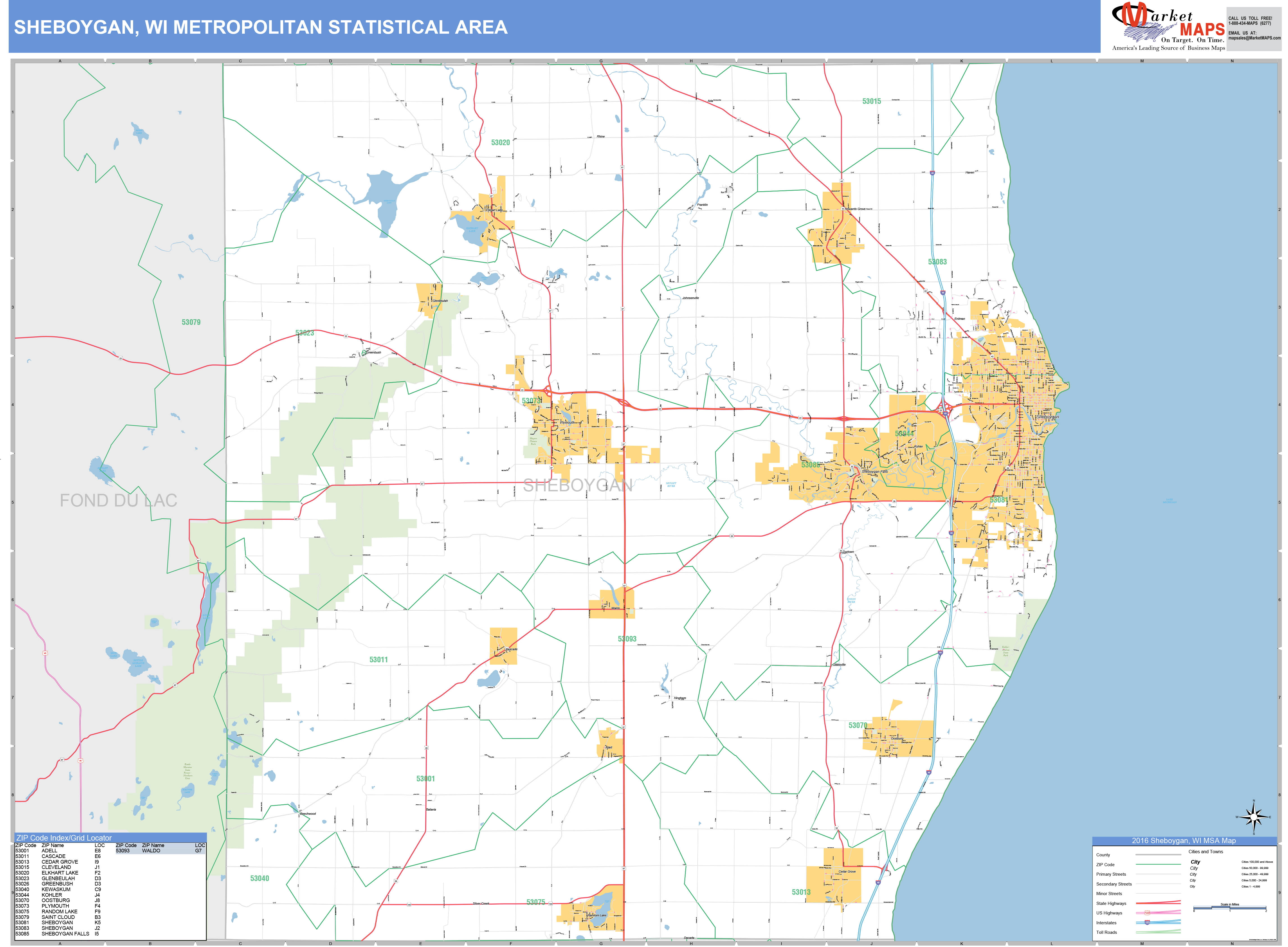 Sheboygan, WI Metro Area Wall Map Basic Style by MarketMAPS - MapSales