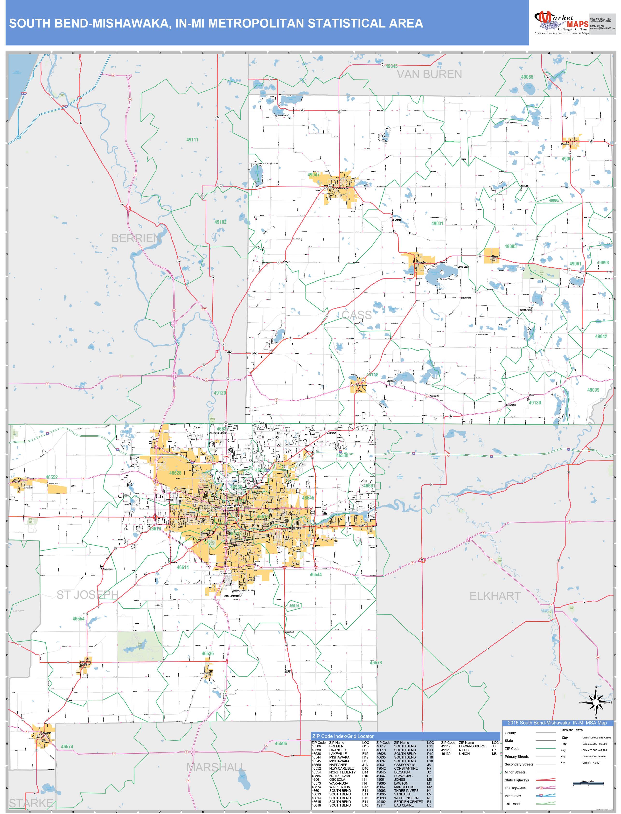 South Bend-Mishawaka, IN Metro Area Wall Map Basic Style by MarketMAPS