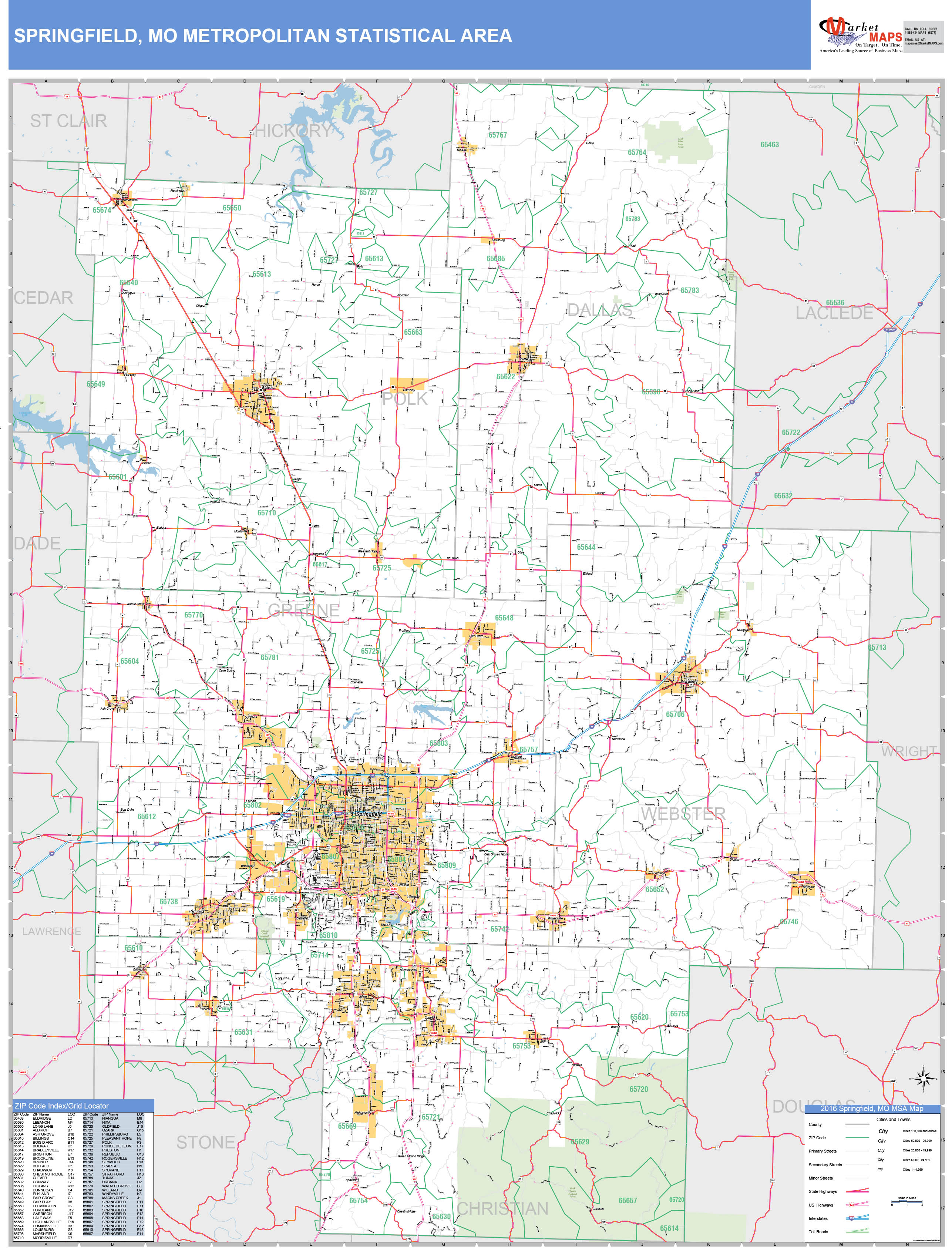 Springfield, MO Metro Area Wall Map Basic Style by MarketMAPS - MapSales